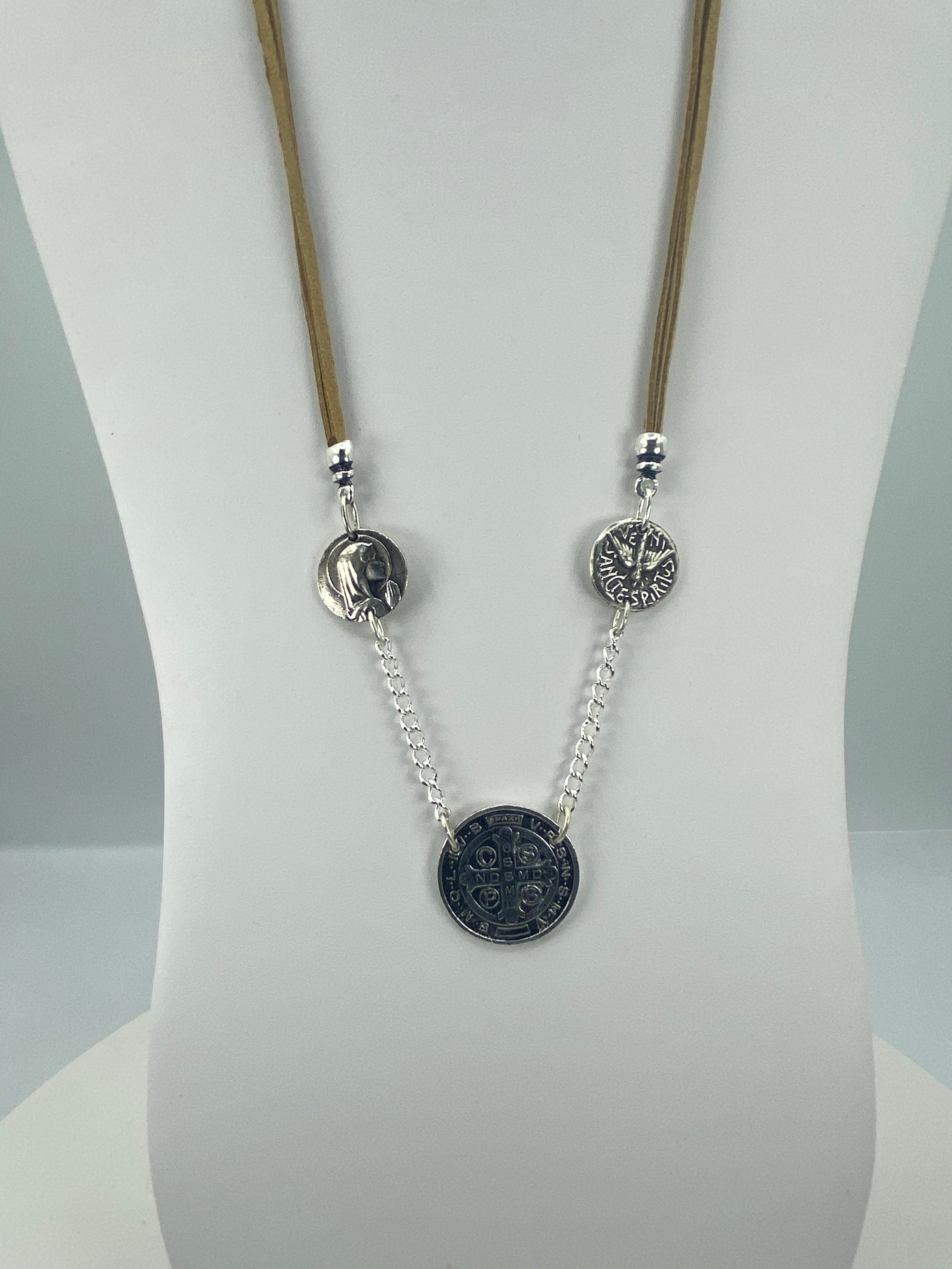Vintage Necklace of three Medals The Virgin Mary, St Benedict, and the Holy Spirit with Leather
