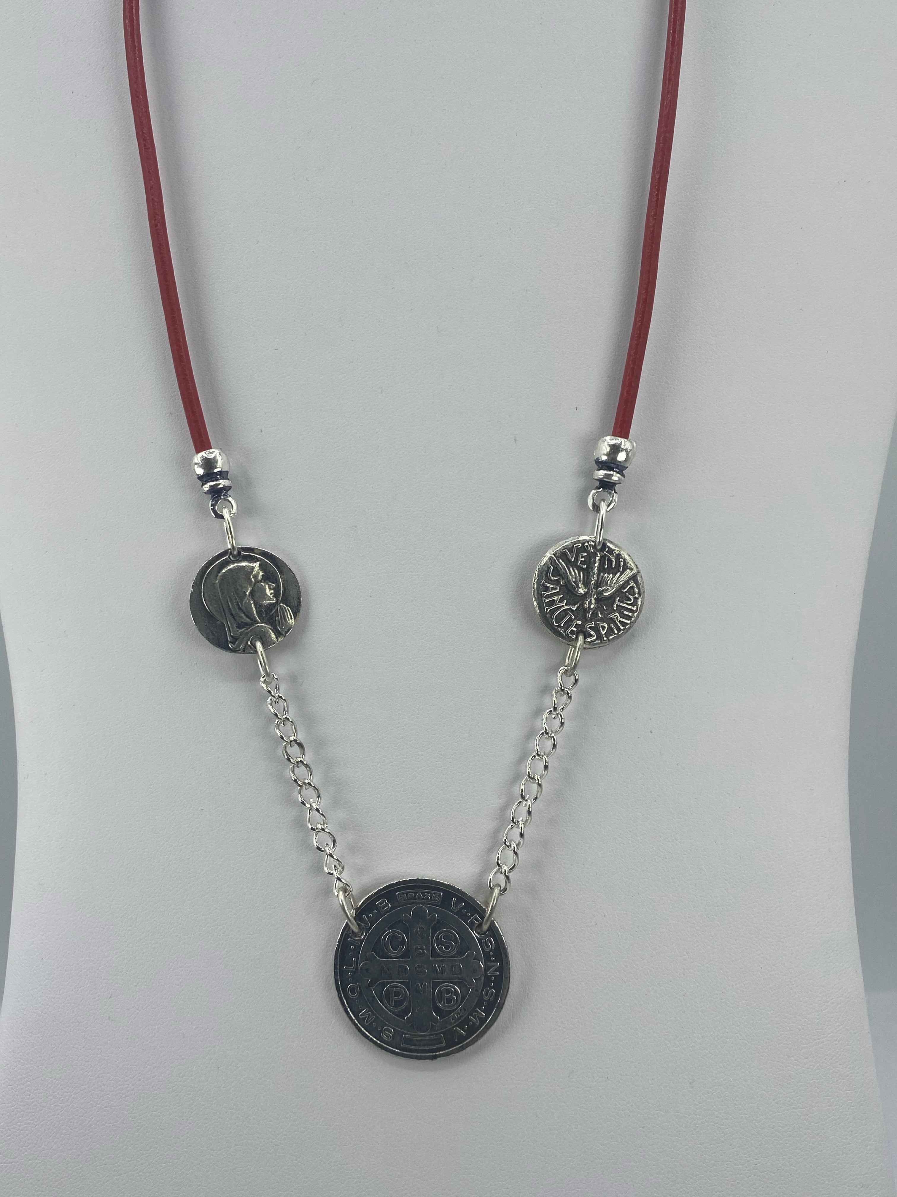 Vintage Necklace of three Medals The Virgin Mary, St Benedict, and the Holy Spirit with Leather