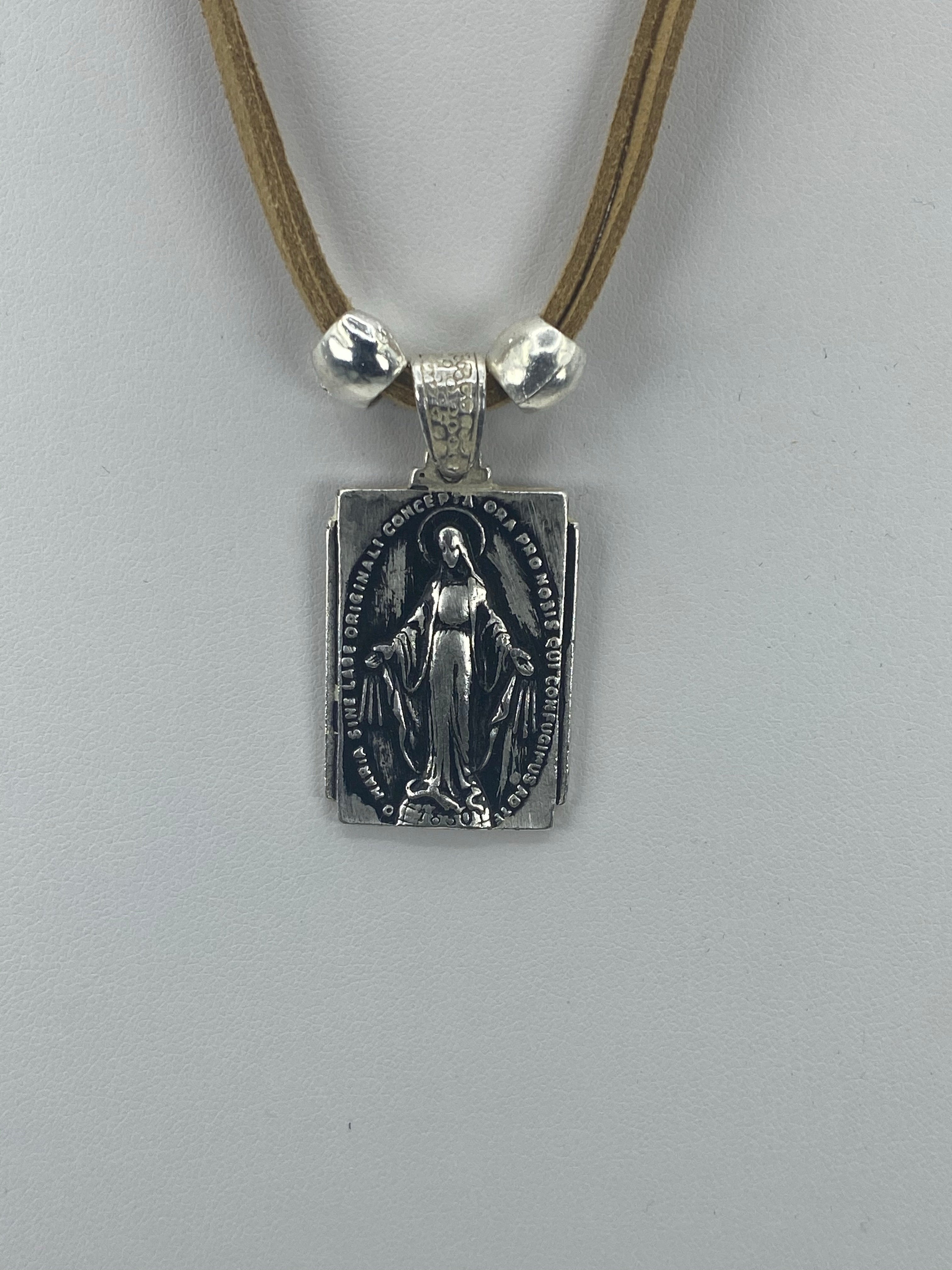 Vintage Necklace Miraculous Virgen Mary Handmade Jewelry with Genuine Leather strap by Graciela's Collection