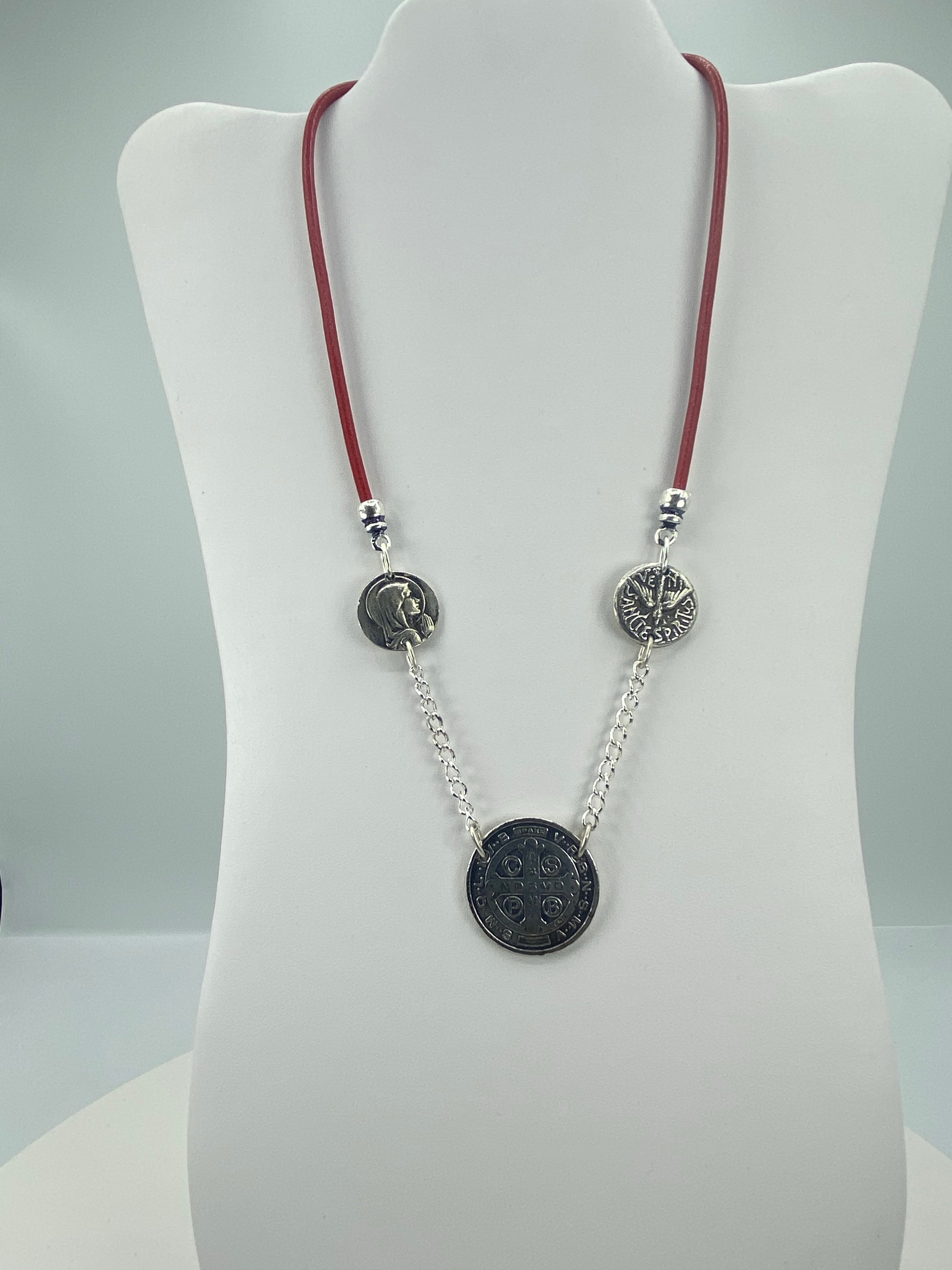 Vintage Necklace of three Medals The Virgin Mary, St Benedict, and the Holy Spirit with Leather