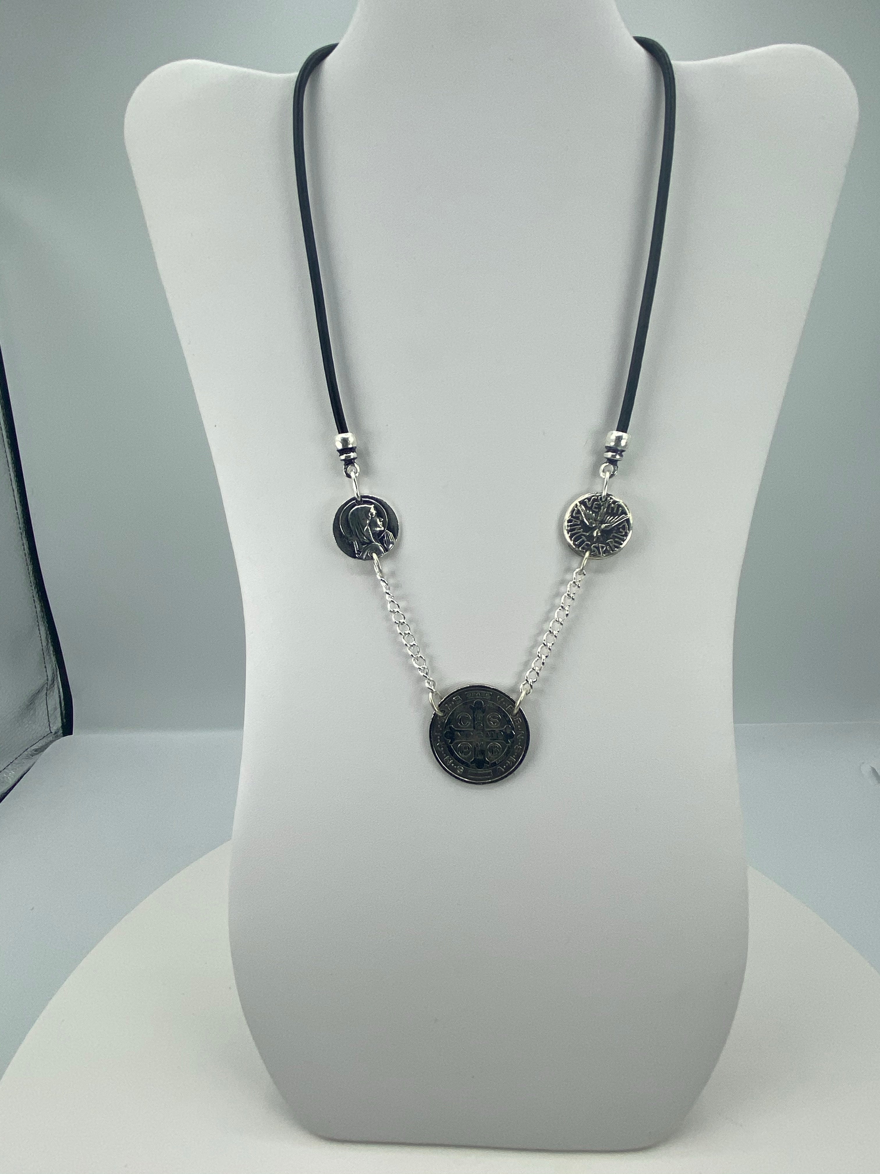 Vintage Necklace of three Medals The Virgin Mary, St Benedict, and the Holy Spirit with Leather