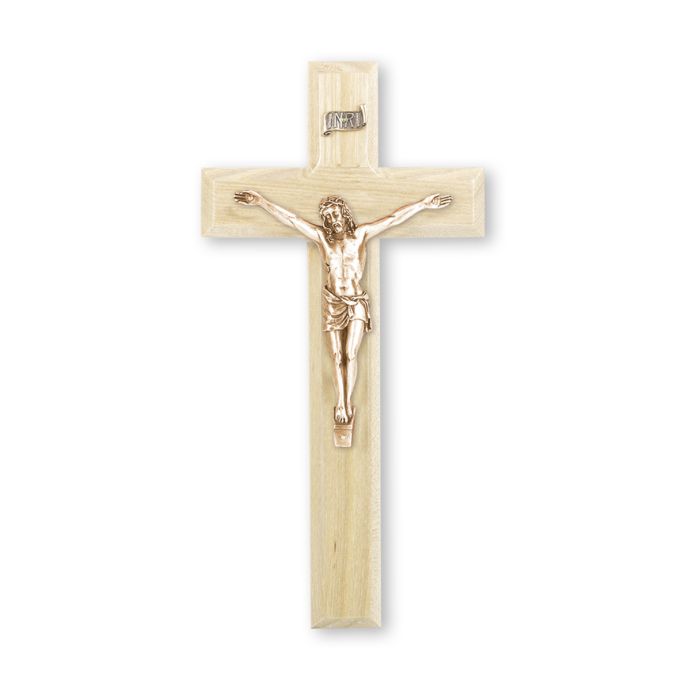 10" Oak Wood Cross with Museum Gold Plated Antiqued Corpus