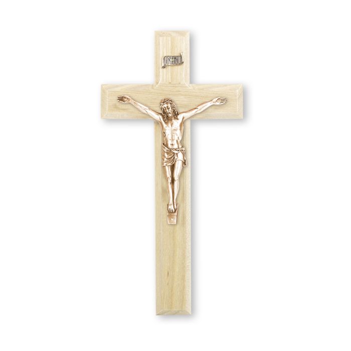 10" Oak Wood Cross with Museum Gold Plated Antiqued Corpus