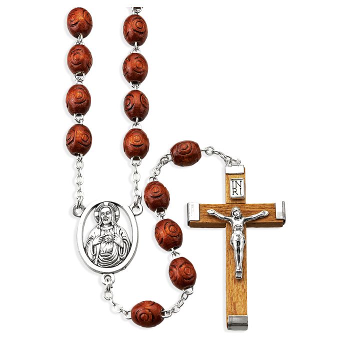 Brown Wood Carved Bead Rosary