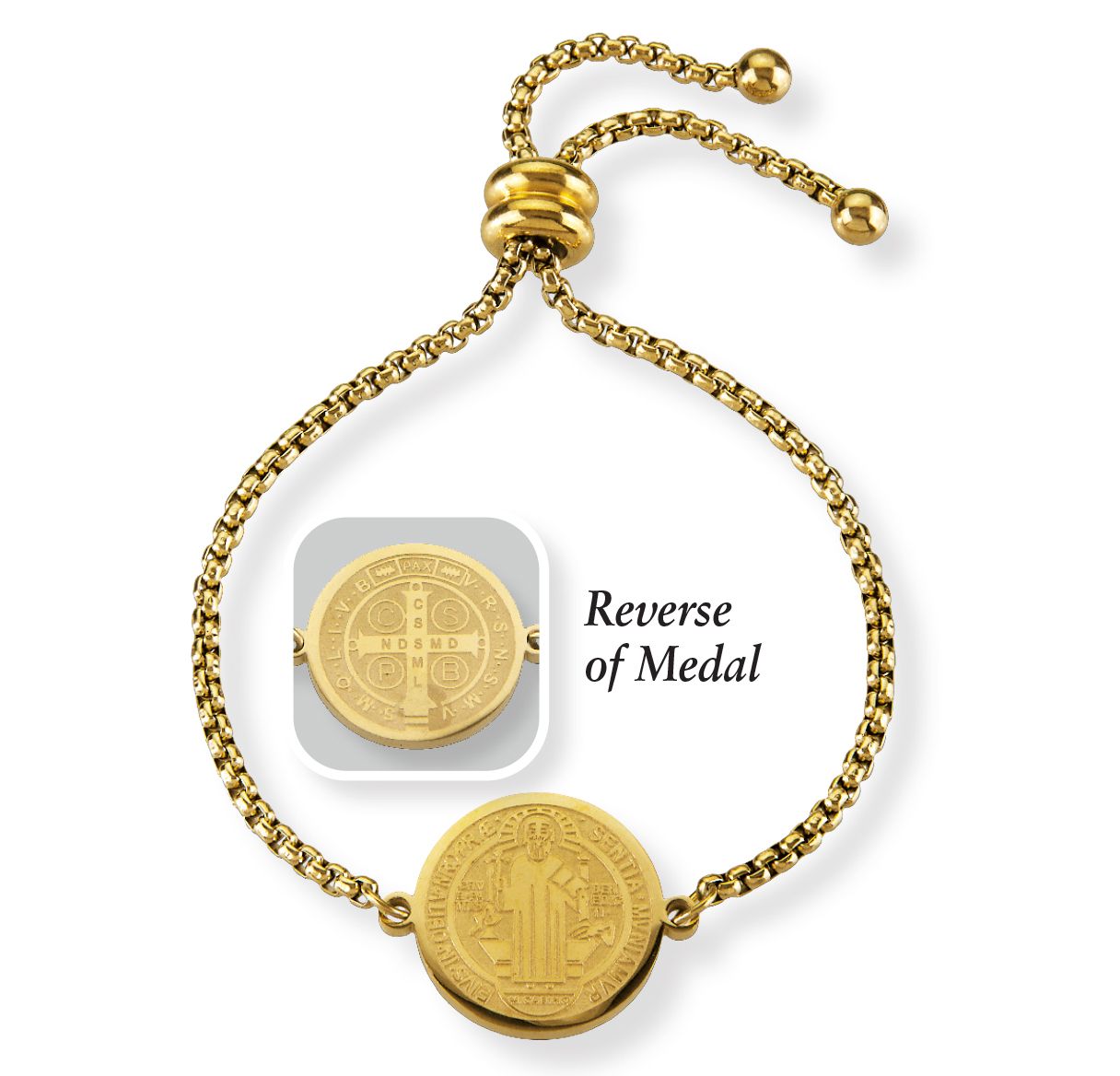 Saint Benedict Gold Anodized Stainless Steel Medal Bracelet.