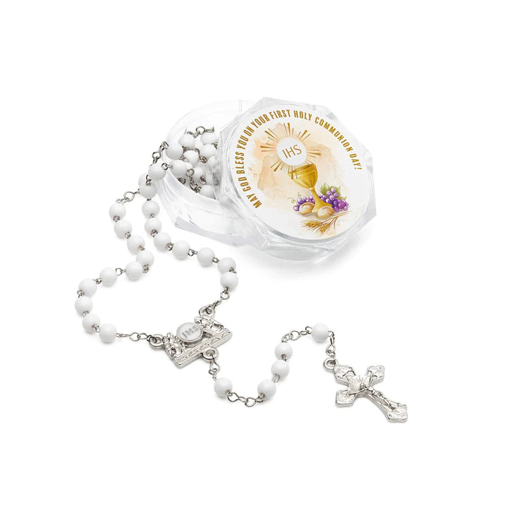 White 6mm Communion Rosary in Acrylic Box