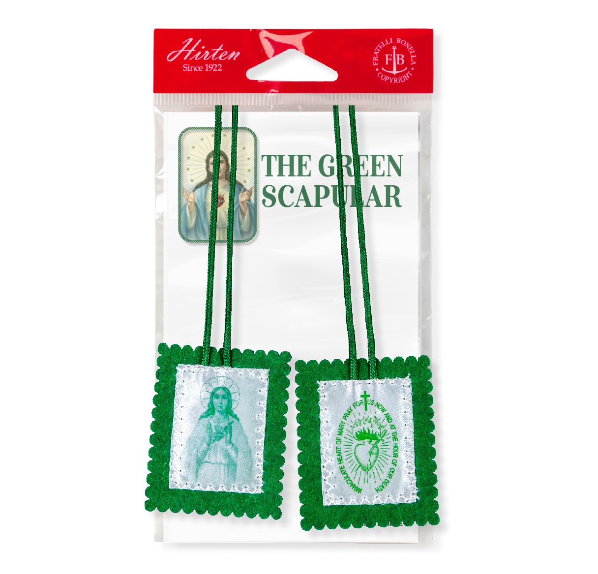 1 1/2" X 2" Green Felt Scapular with Instruction Pamphlet on a 22" Green Cord