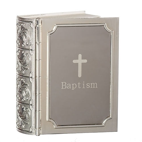 Baptism Bible Design With Cross  Silver Tone 3 x 3.5 Zinc Alloy Keepsake Box