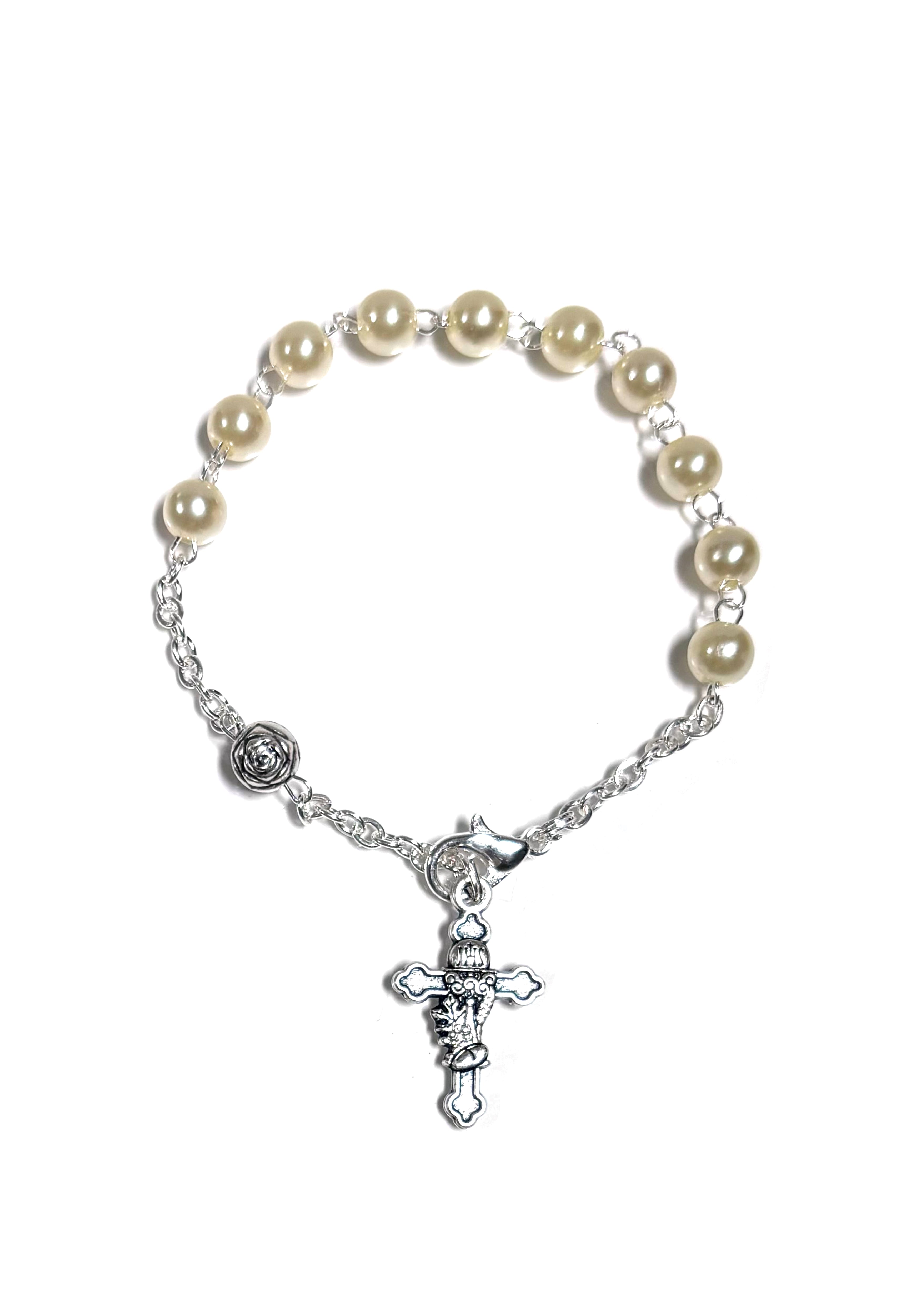Silver and pearl bead bracelet with communion cross