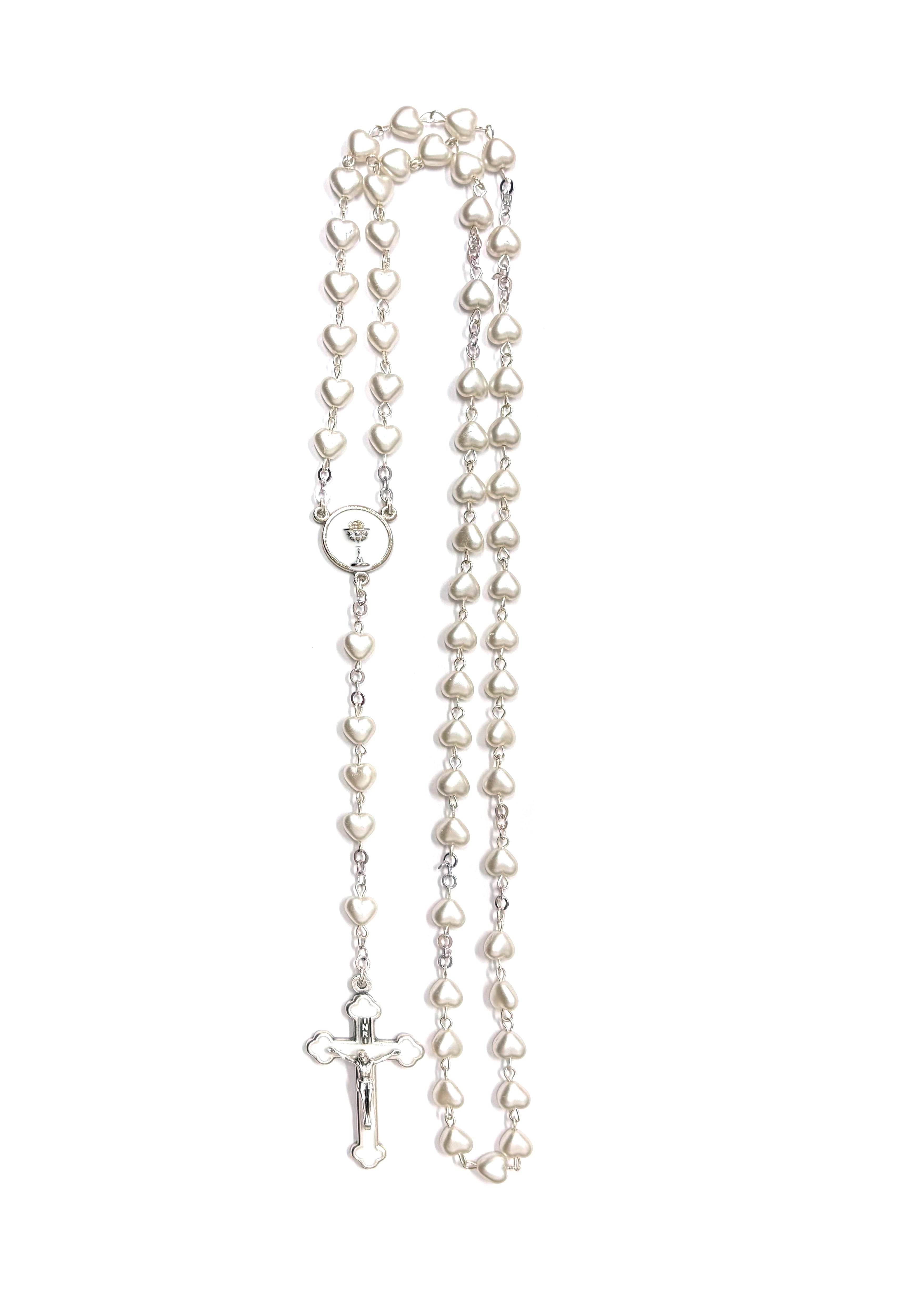First Communion white hearts-shaped pearl bead rosary