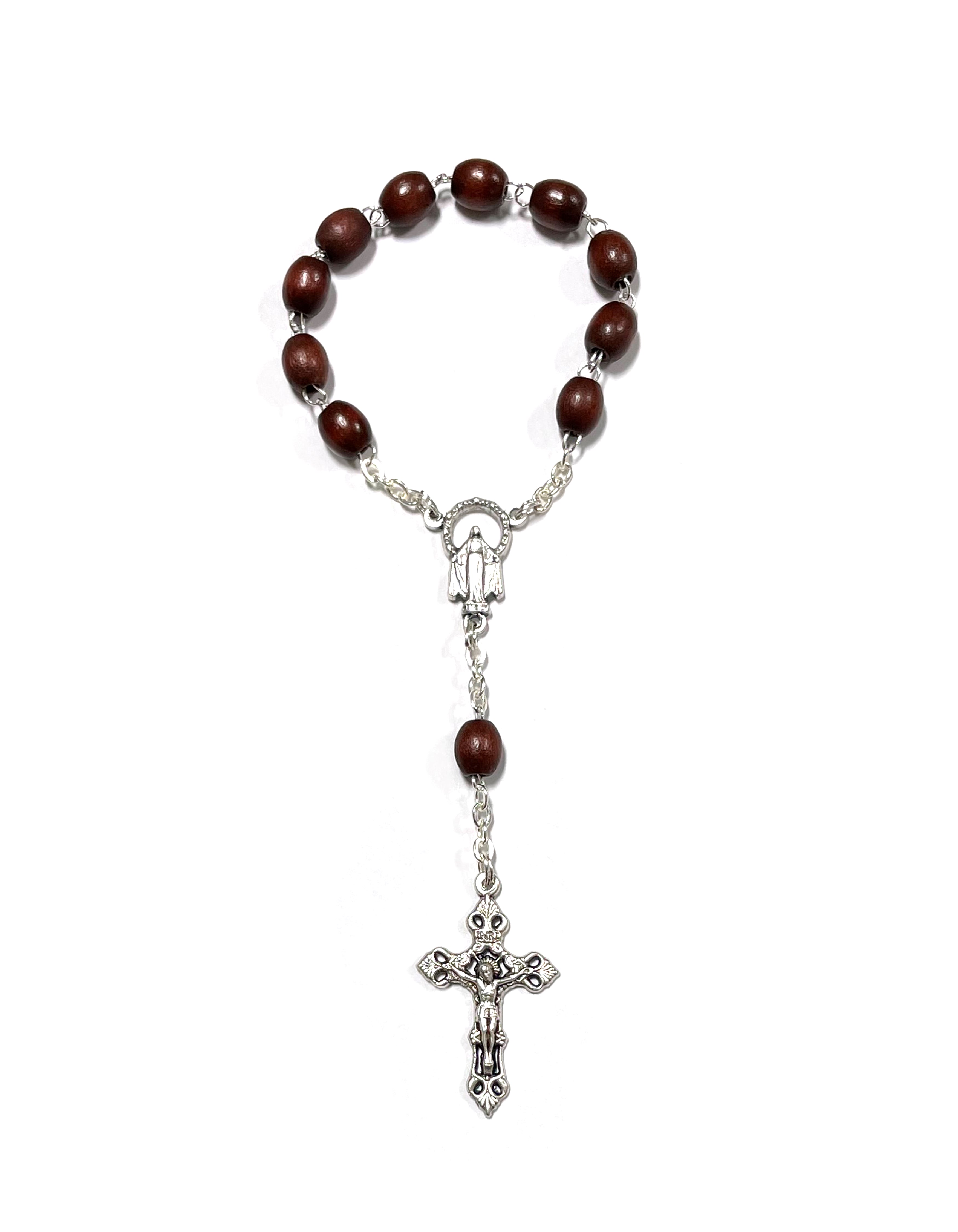 Brown wood and oxidized silver decade Miraculous medal