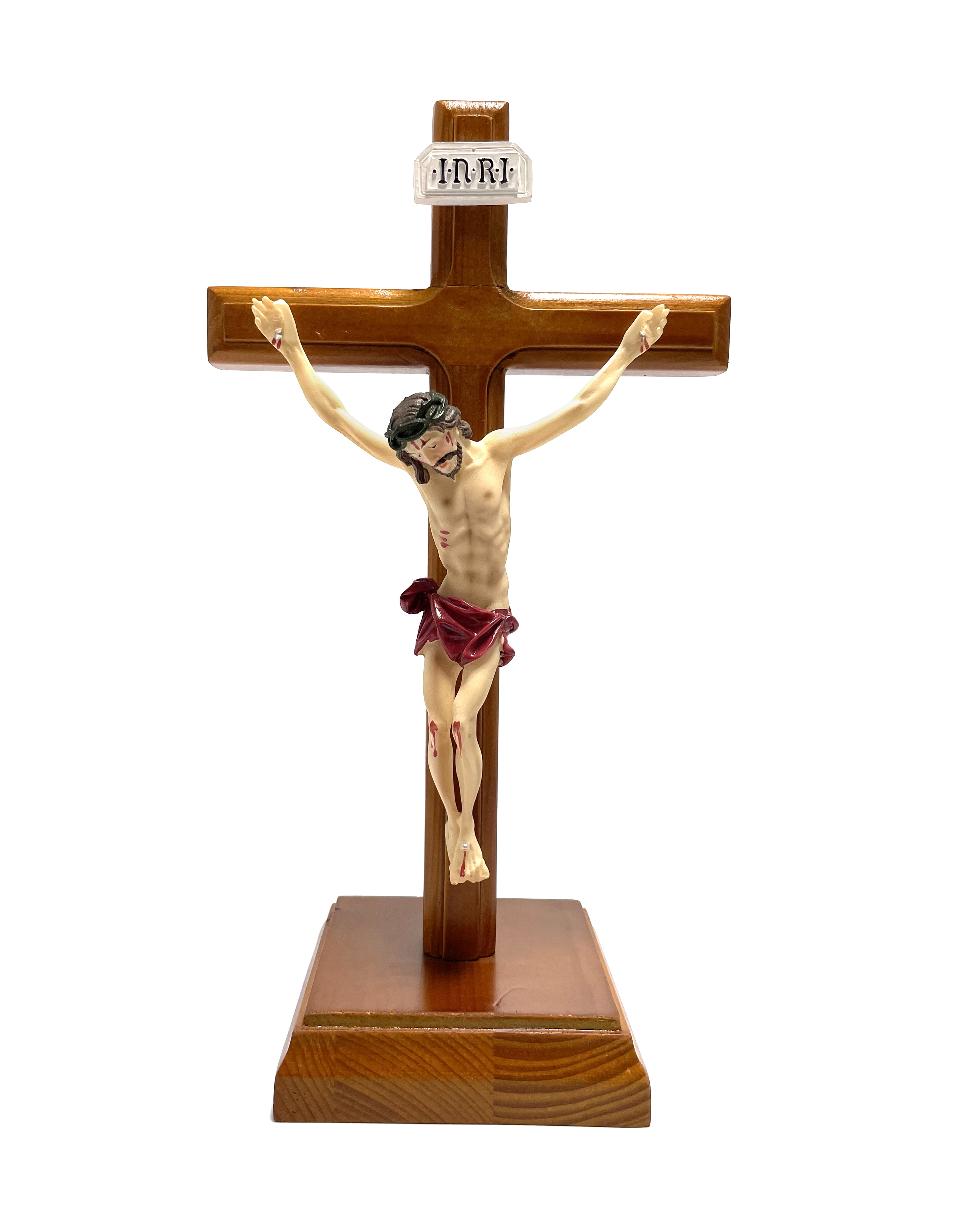 Wooden crucifix with square base and body made with resin