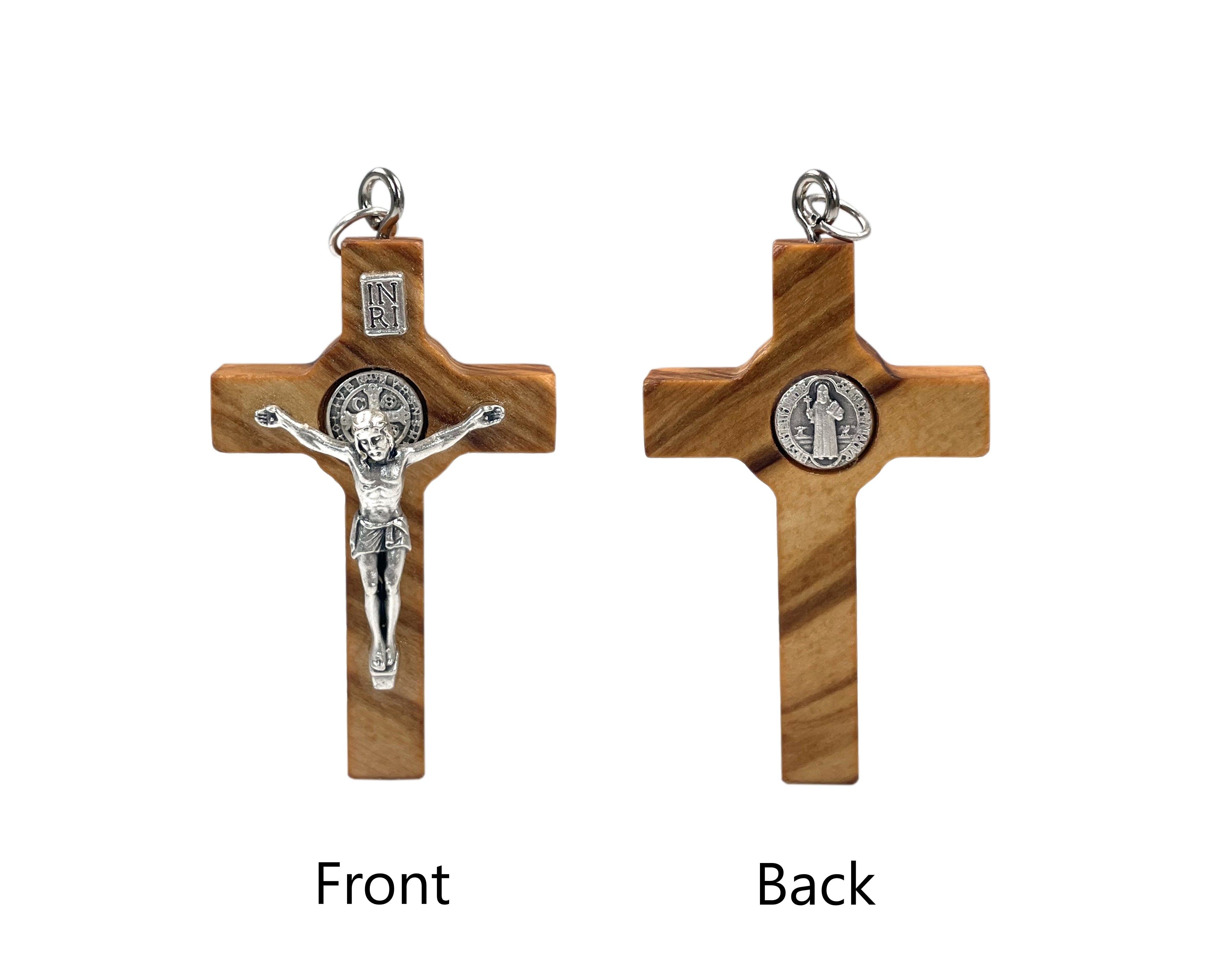 Wooden crucifix with oxidized silver Corpus and Saint Benedict medal 2.0"