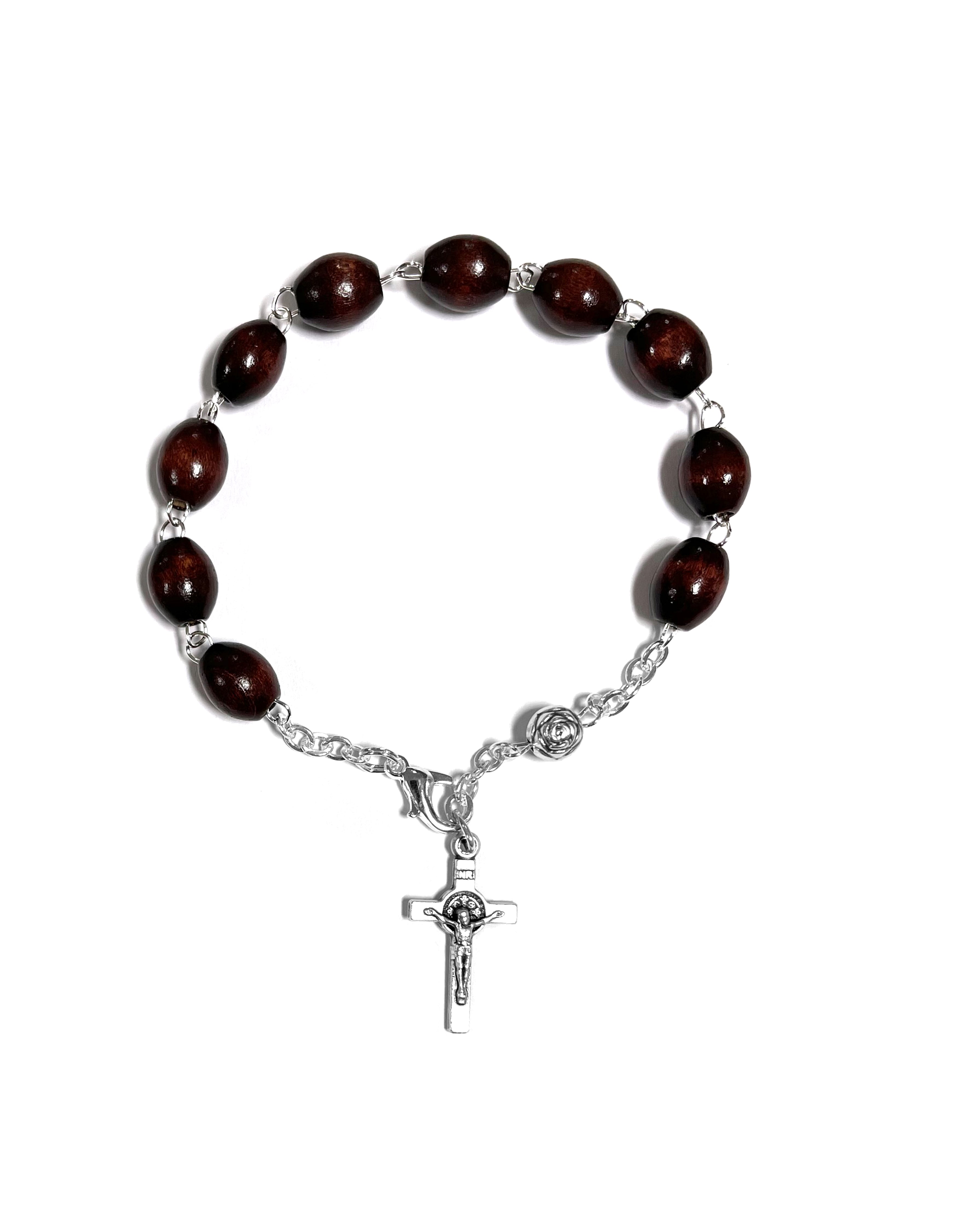 Saint Benedict bracelet in brown wood with a rose and a small cross in oxidized silver