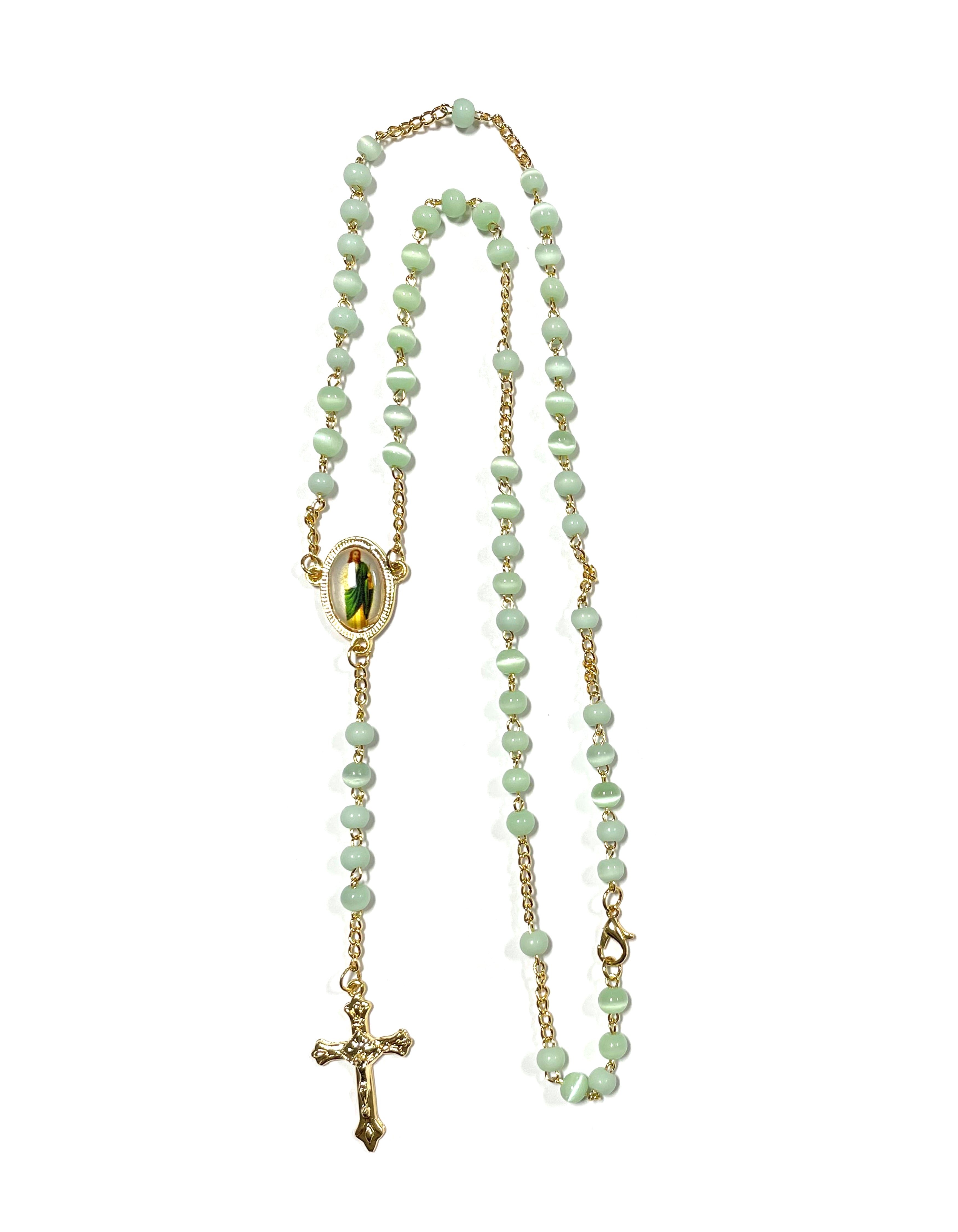 Gold and green Saint Jude rosary with Cat's Eye beads
