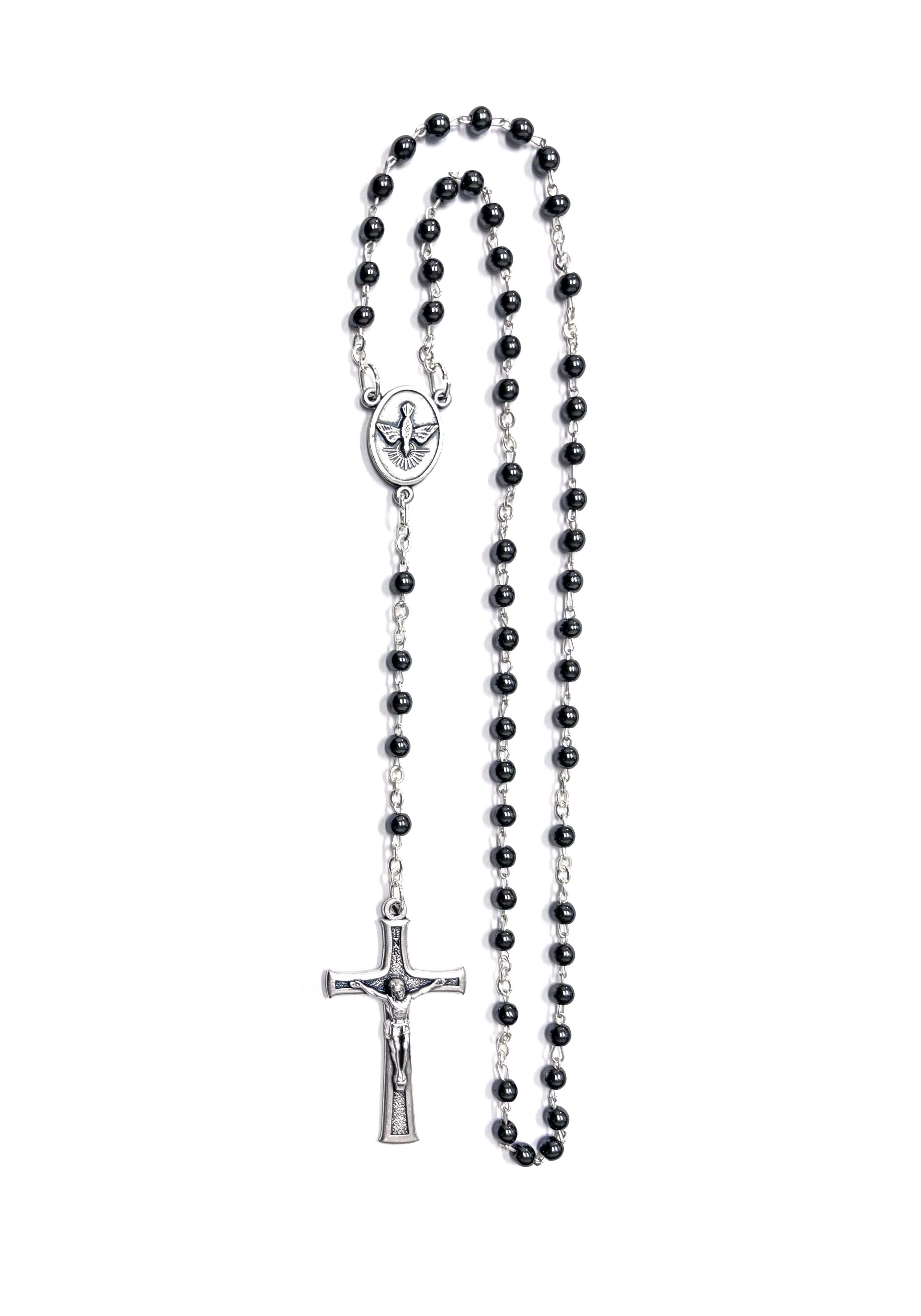 Holy Spirit and Holy Family hematite stone rosary