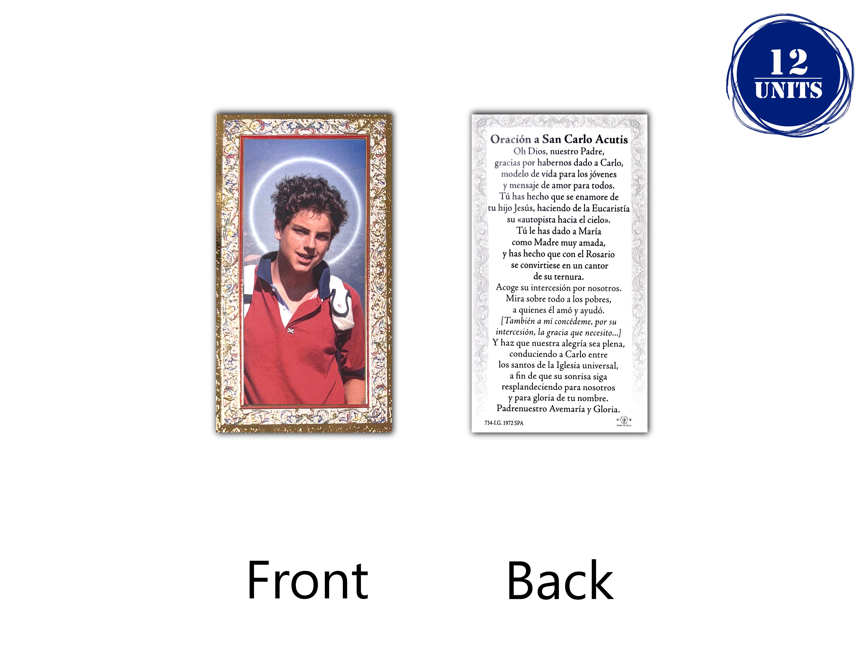 Gold accent Catholic prayer cards in Spanish and English