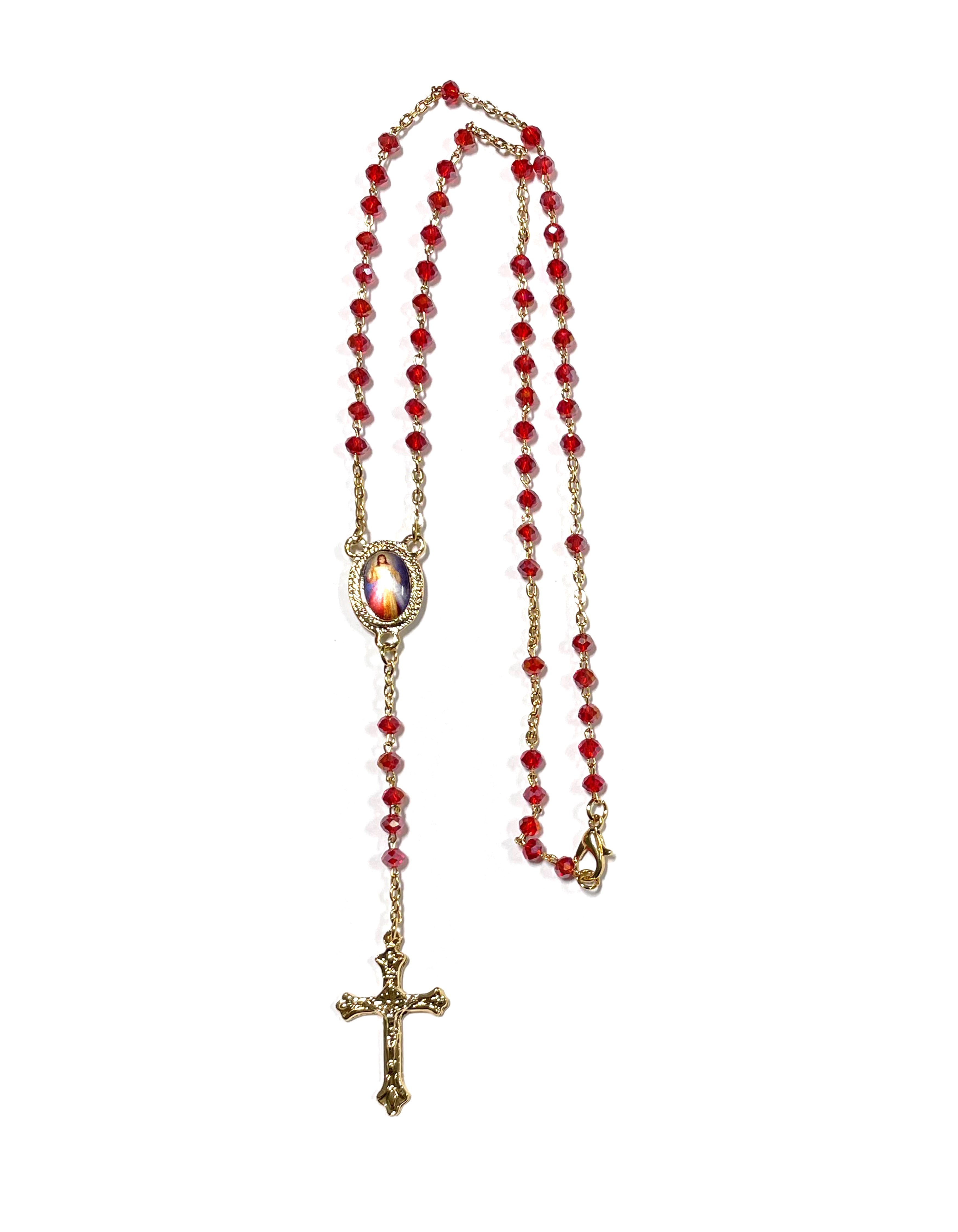 Rosary of Divine Mercy gold and red chain style