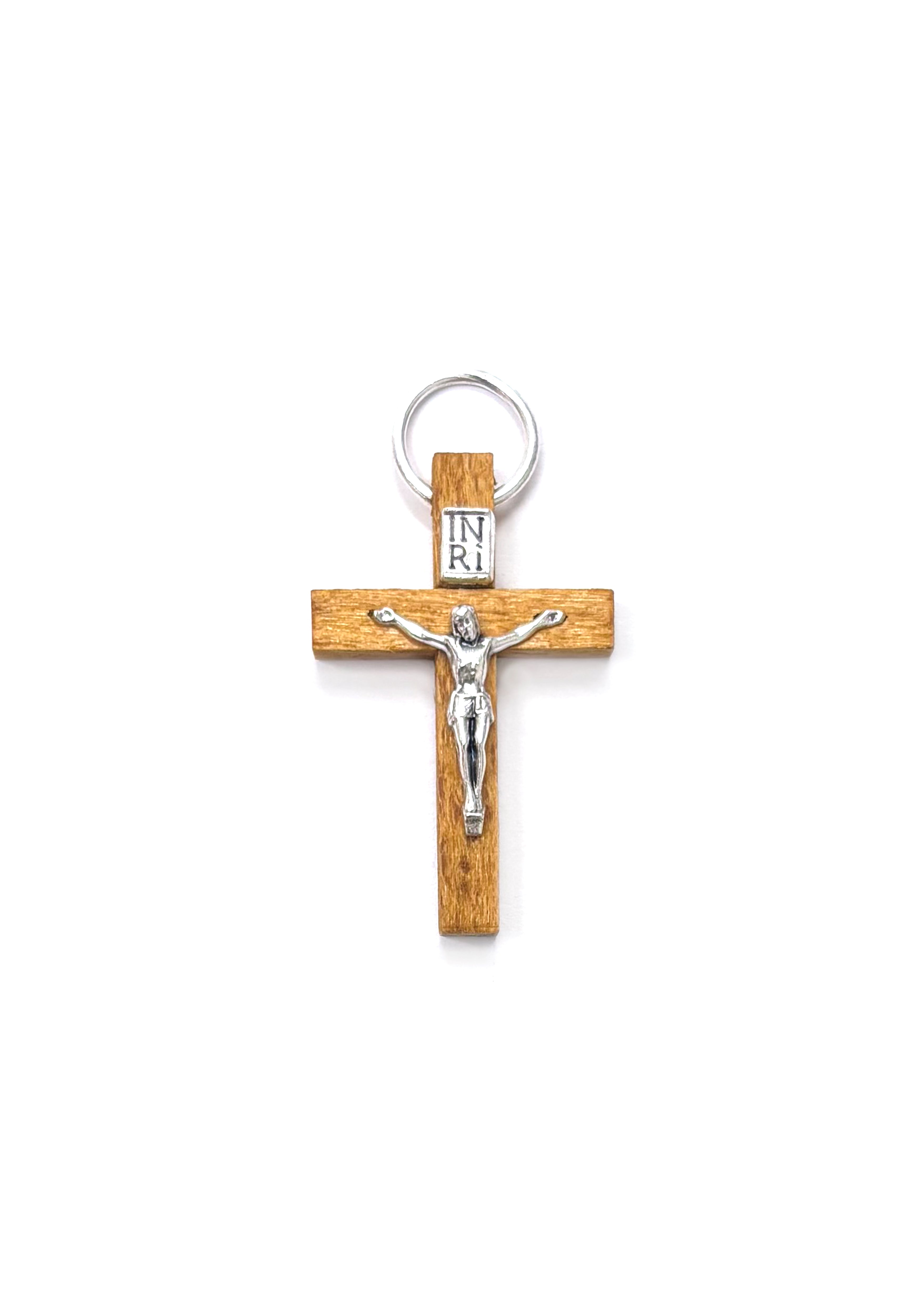 Small rustic wooden crucifix with silver metal body