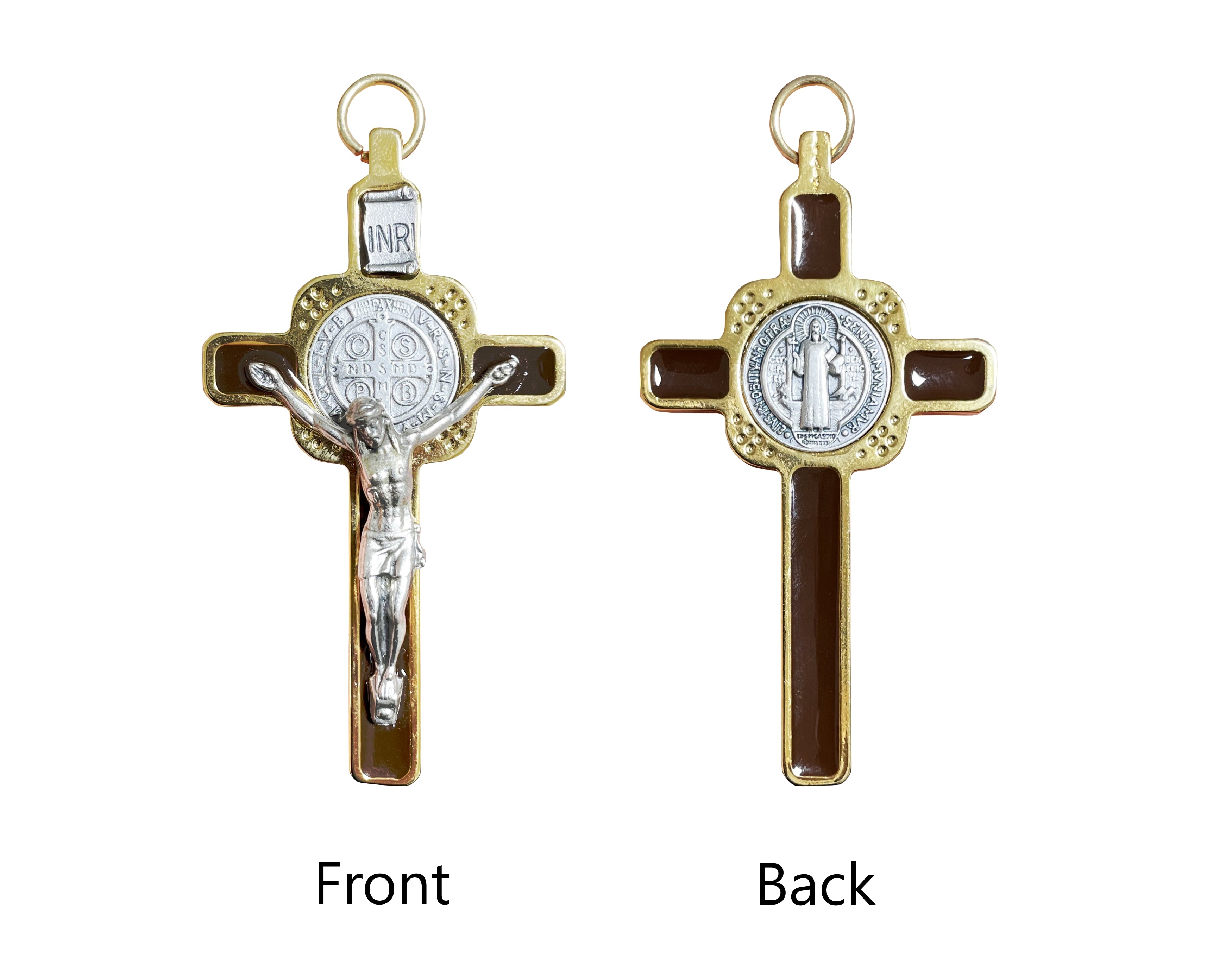 Gold and silver crucifix with Saint Benedict medal square shapes and brown enamel details 3.0"