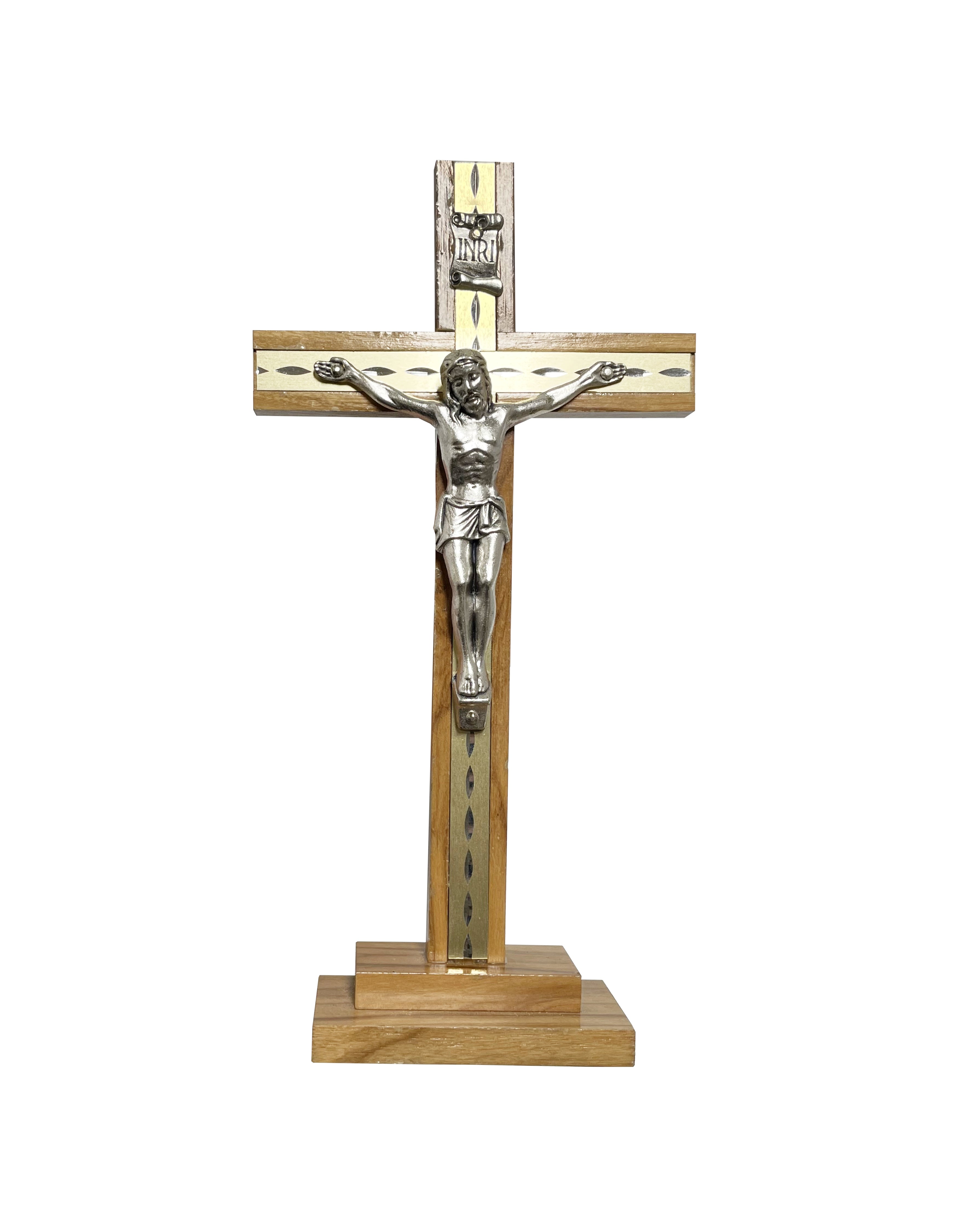 Wooden crucifixes with golden line and silver metal body with standing base and for wall