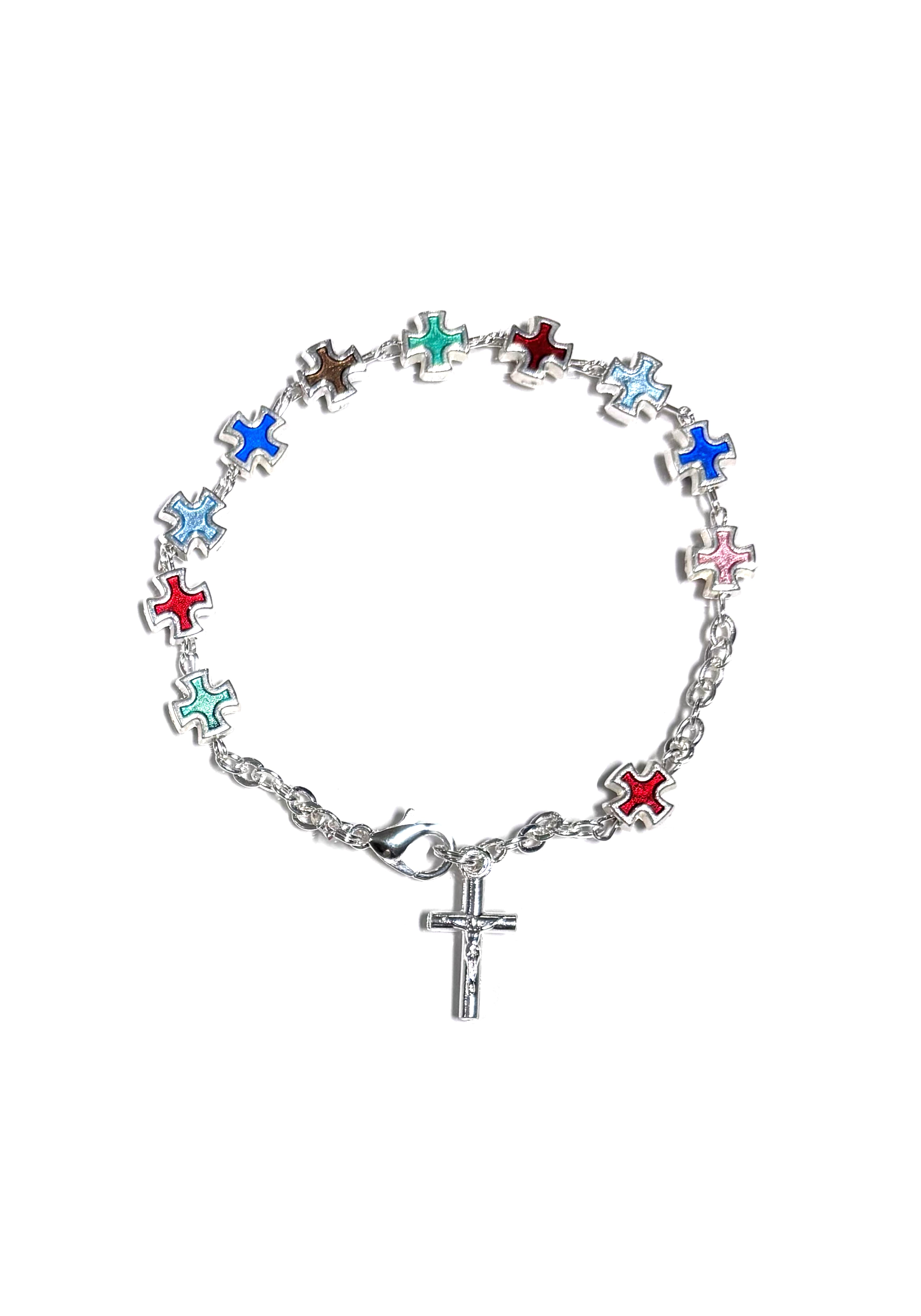 Silver plated multi-colored enamel cross bracelet