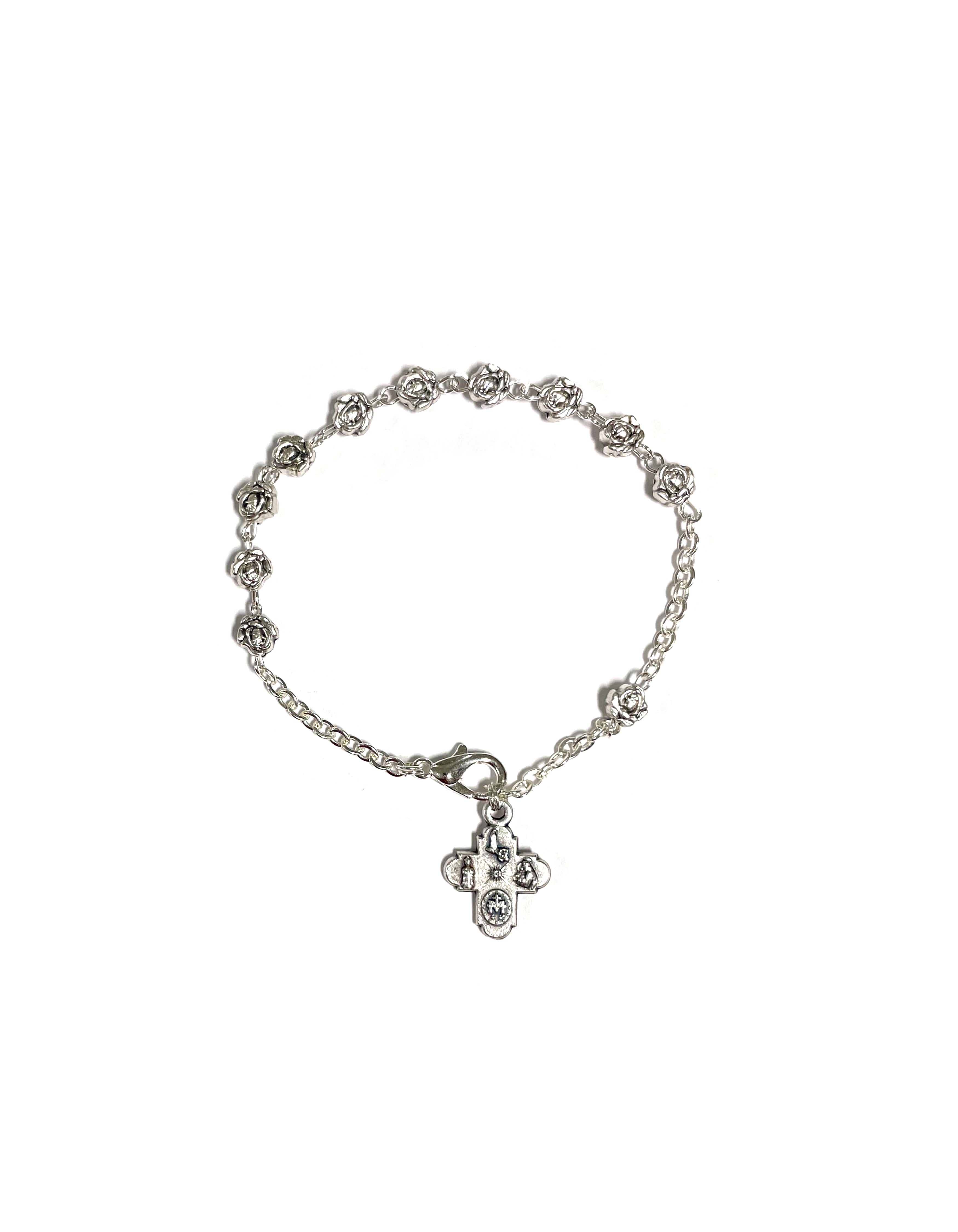 Oxidized silver decade bracelet with small five way cross and rose-shaped beads