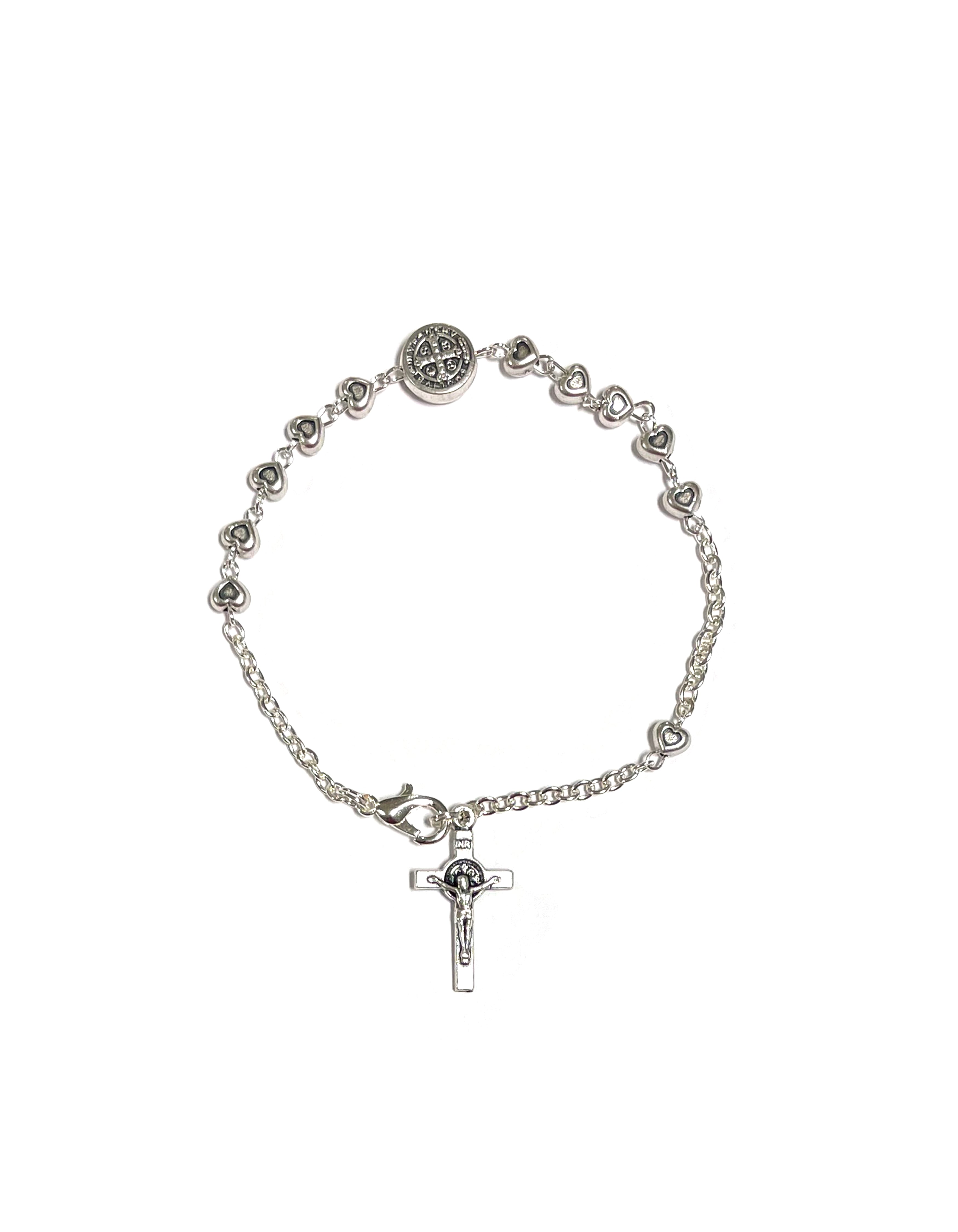 Oxidized silver Saint Benedict bracelet with heart-shaped beads