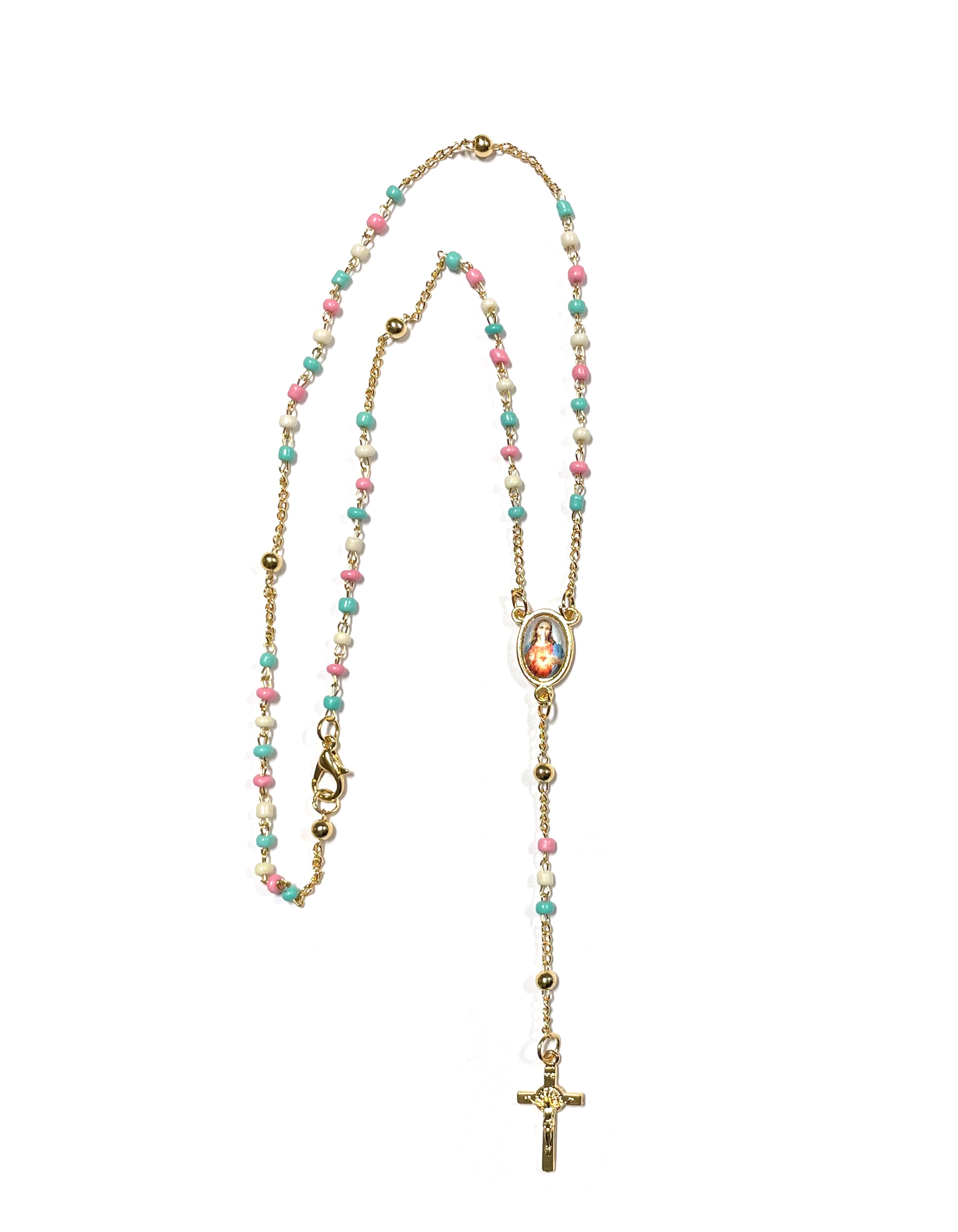 Golden rosary with chain-style colored beads