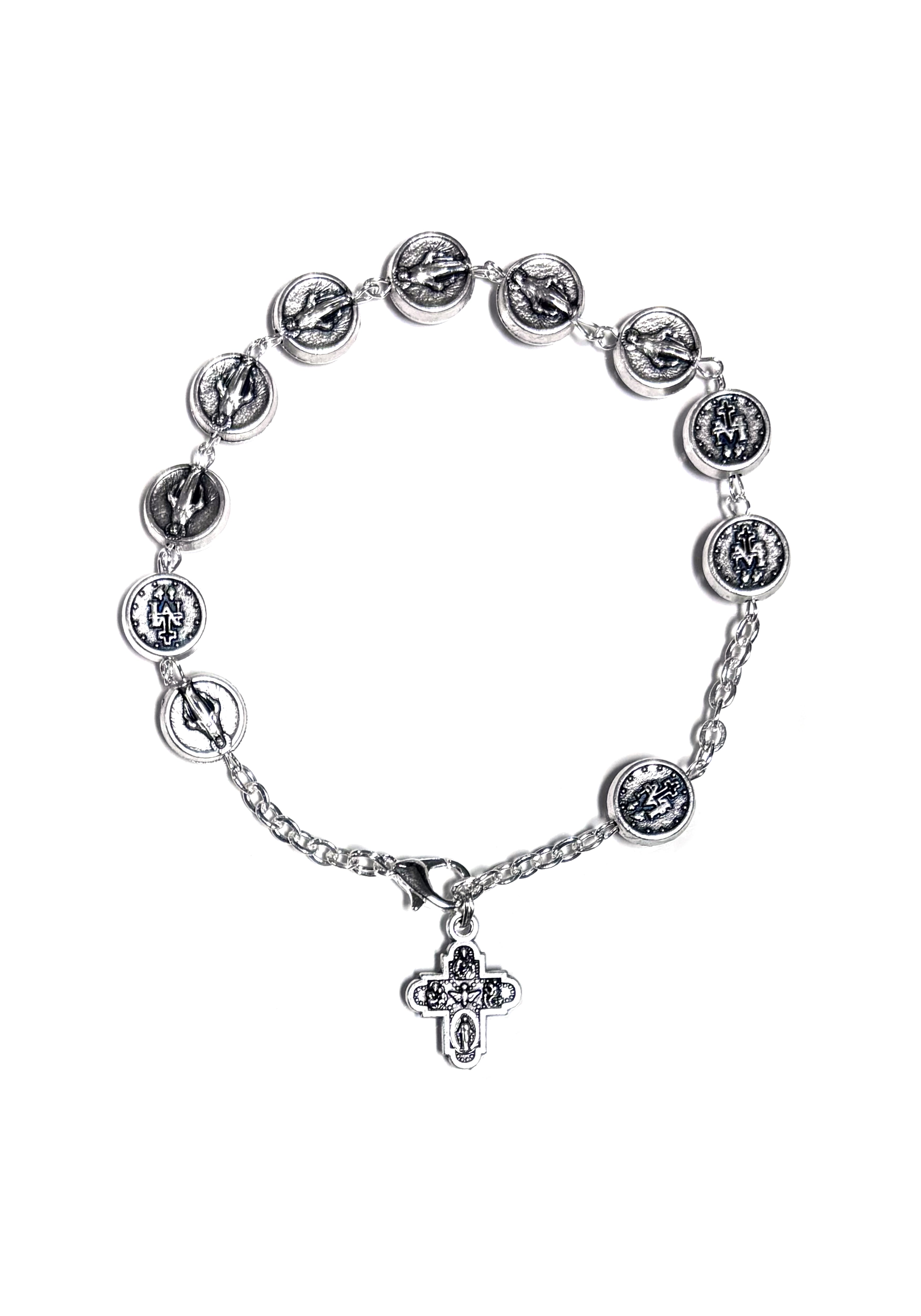 Oxidized silver bracelet with small round medals of Our Lady of Grace and Miraculous medal