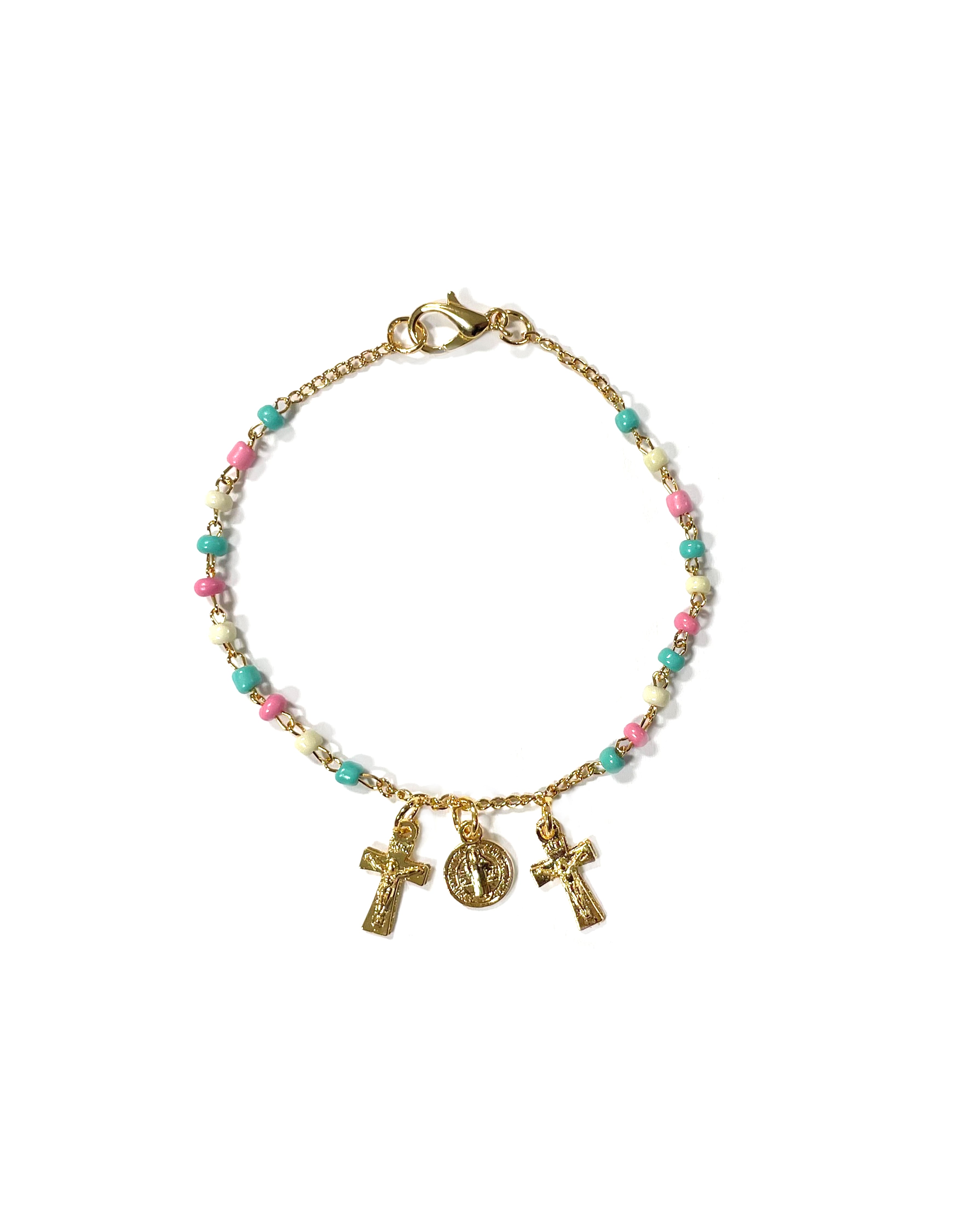 Golden and colored beads bracelet with Saint Benedict medal and small crosses