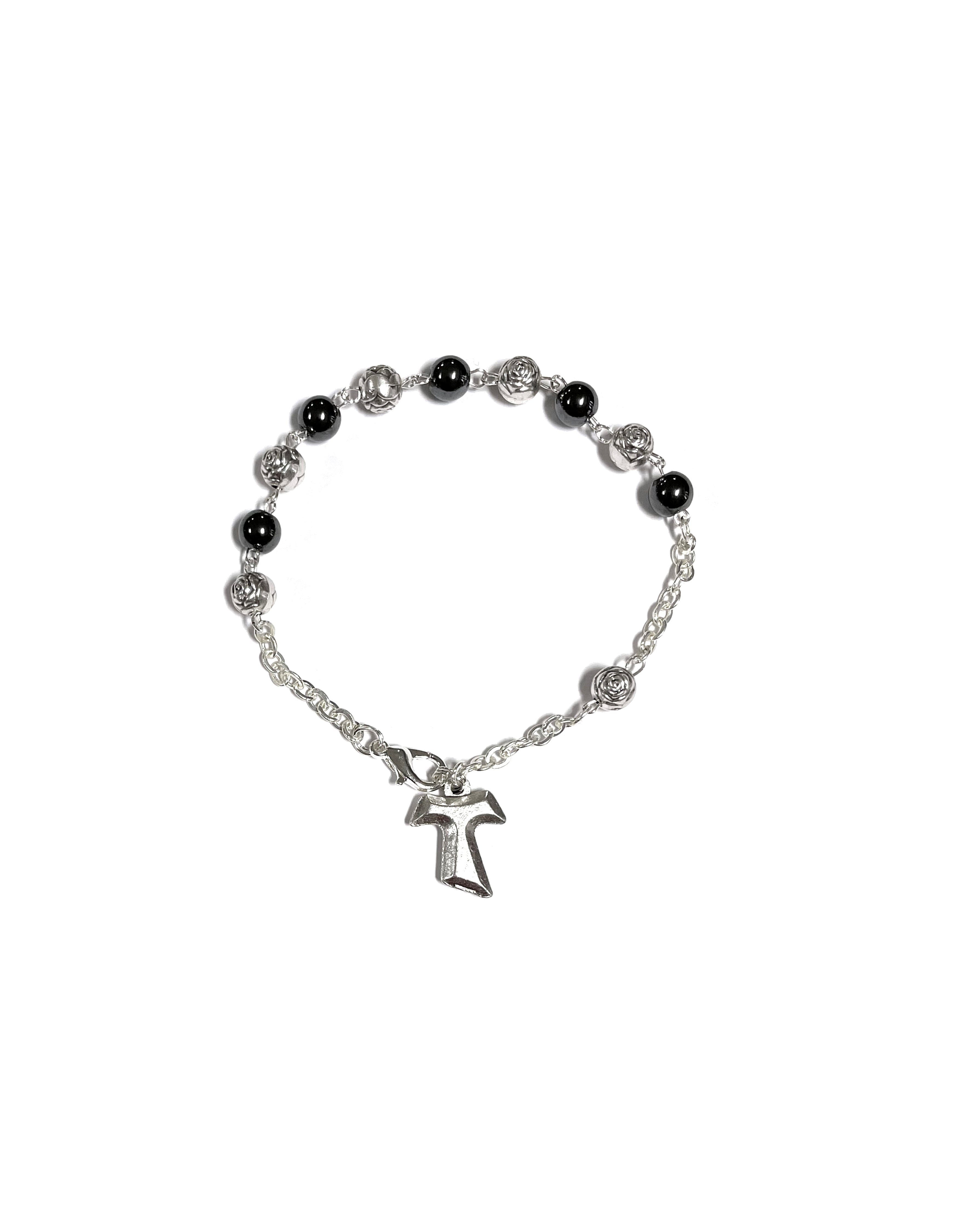Oxidized silver Tau cross bracelet with hematite stone and rose-shaped beads