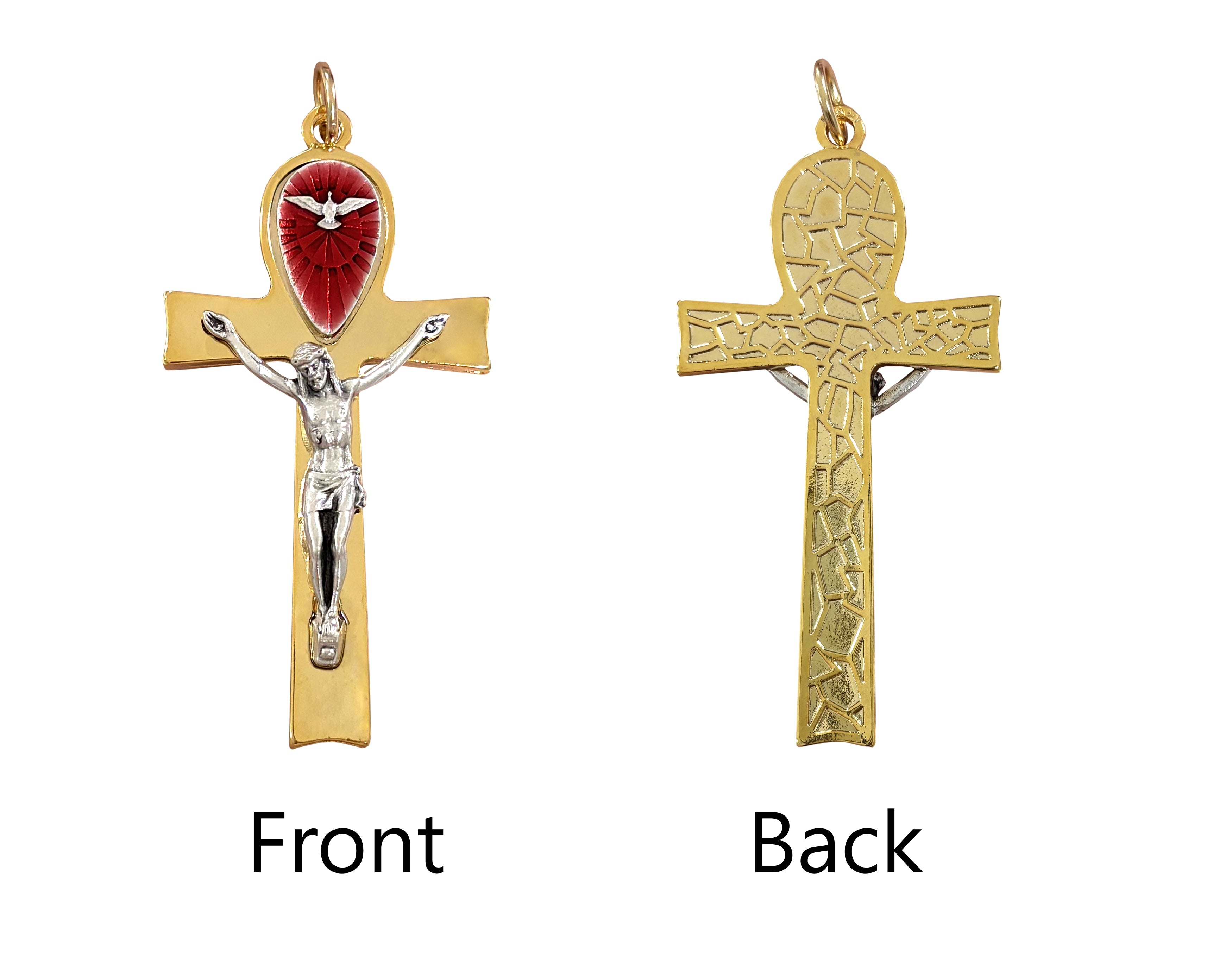 Gold and silver Holy Spirit with red enamel accent crucifix 3.5"
