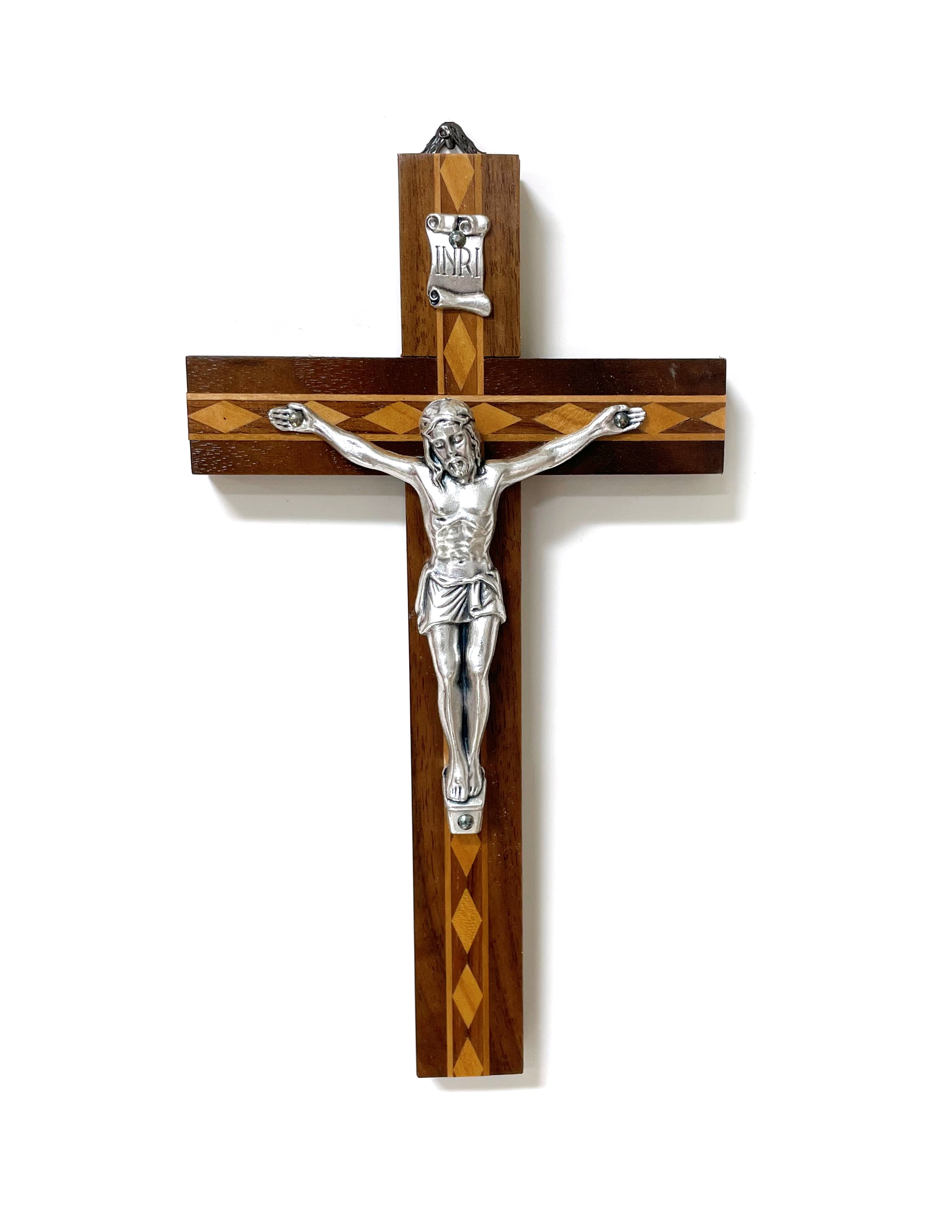 Wooden crucifix with veneered wood details and metal body