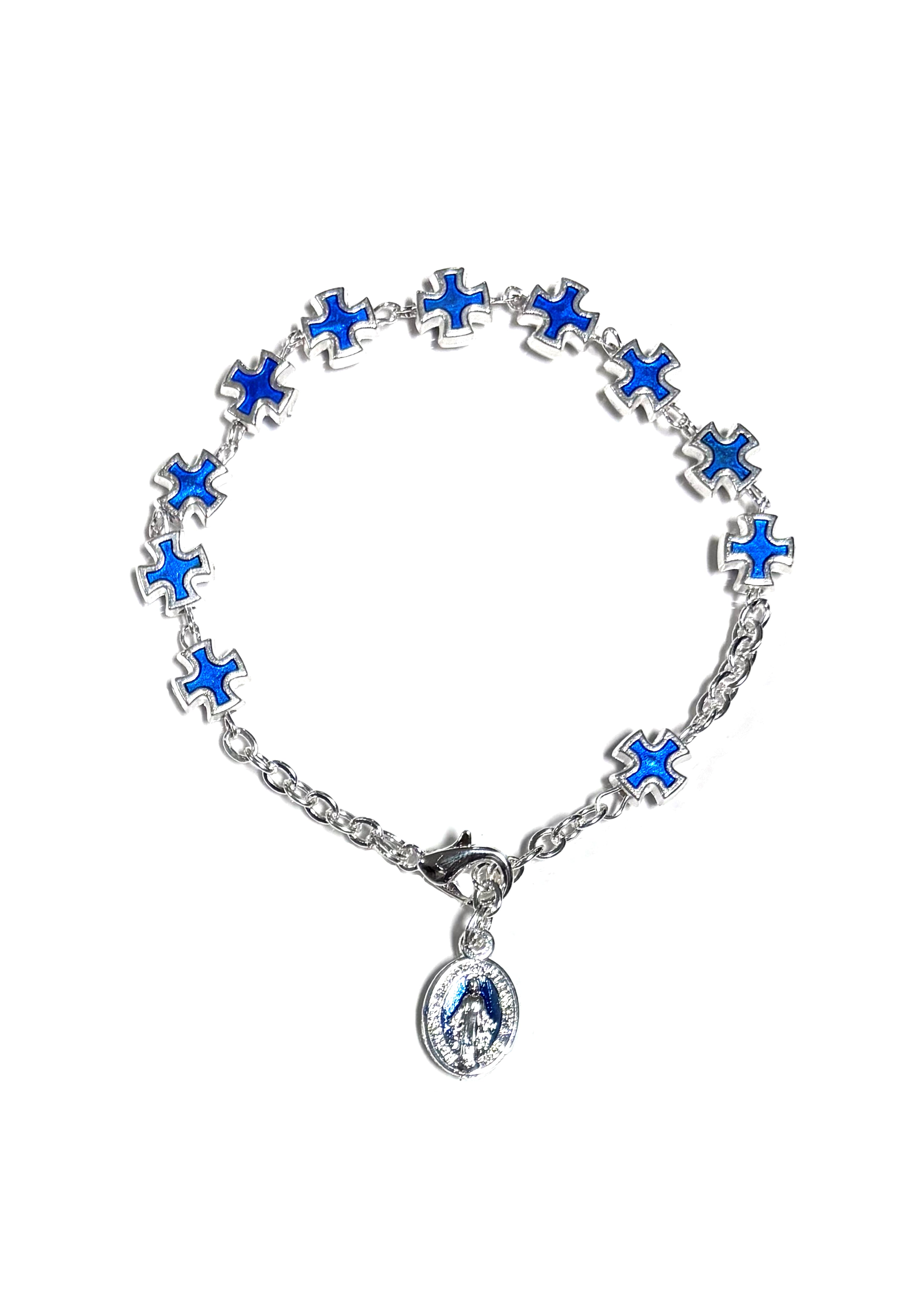 Silver plated and blue enamel cross with Miraculous medal bracelet