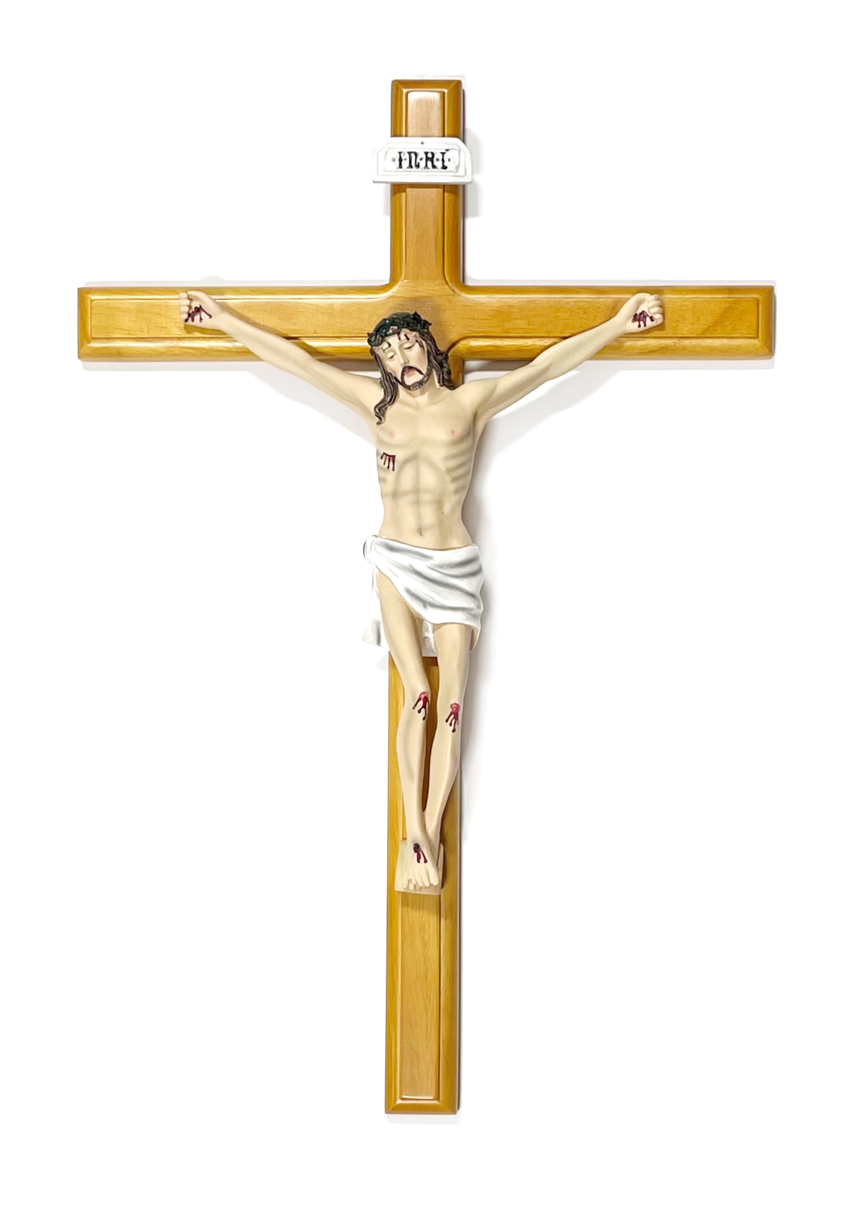 Wooden crucifix with body made of resin