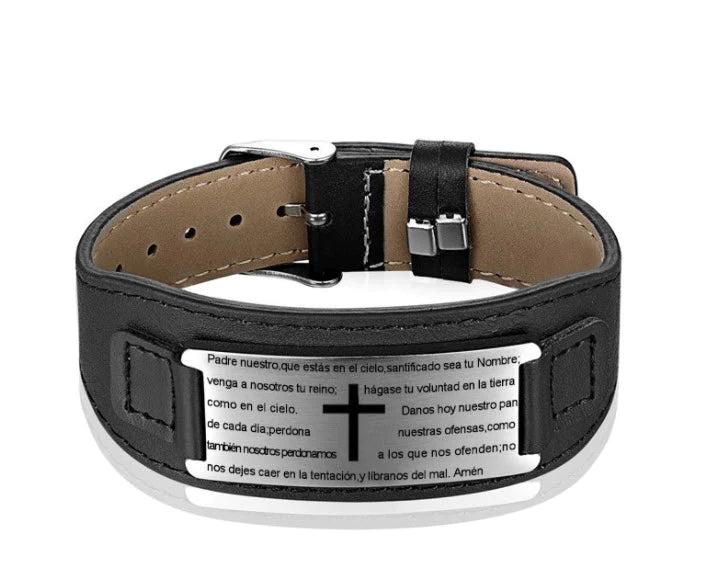 Men's Leather-Stainless Steel Bracelet  Our Father Lord's Prayer (Prayer in Spanish)