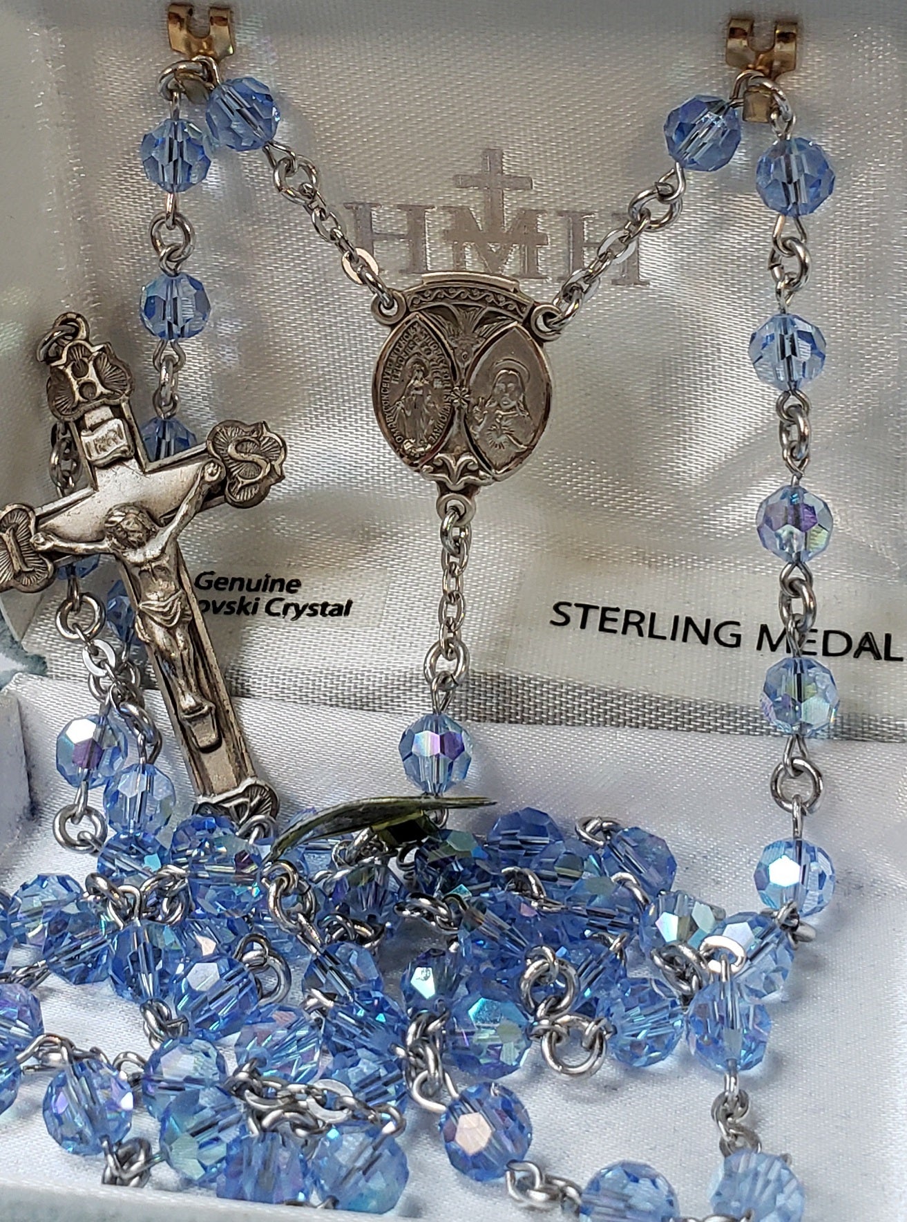 6mm Swarovski Crystal Light Sapphire Rosary w/Sterling Silver Ctr & Ctx