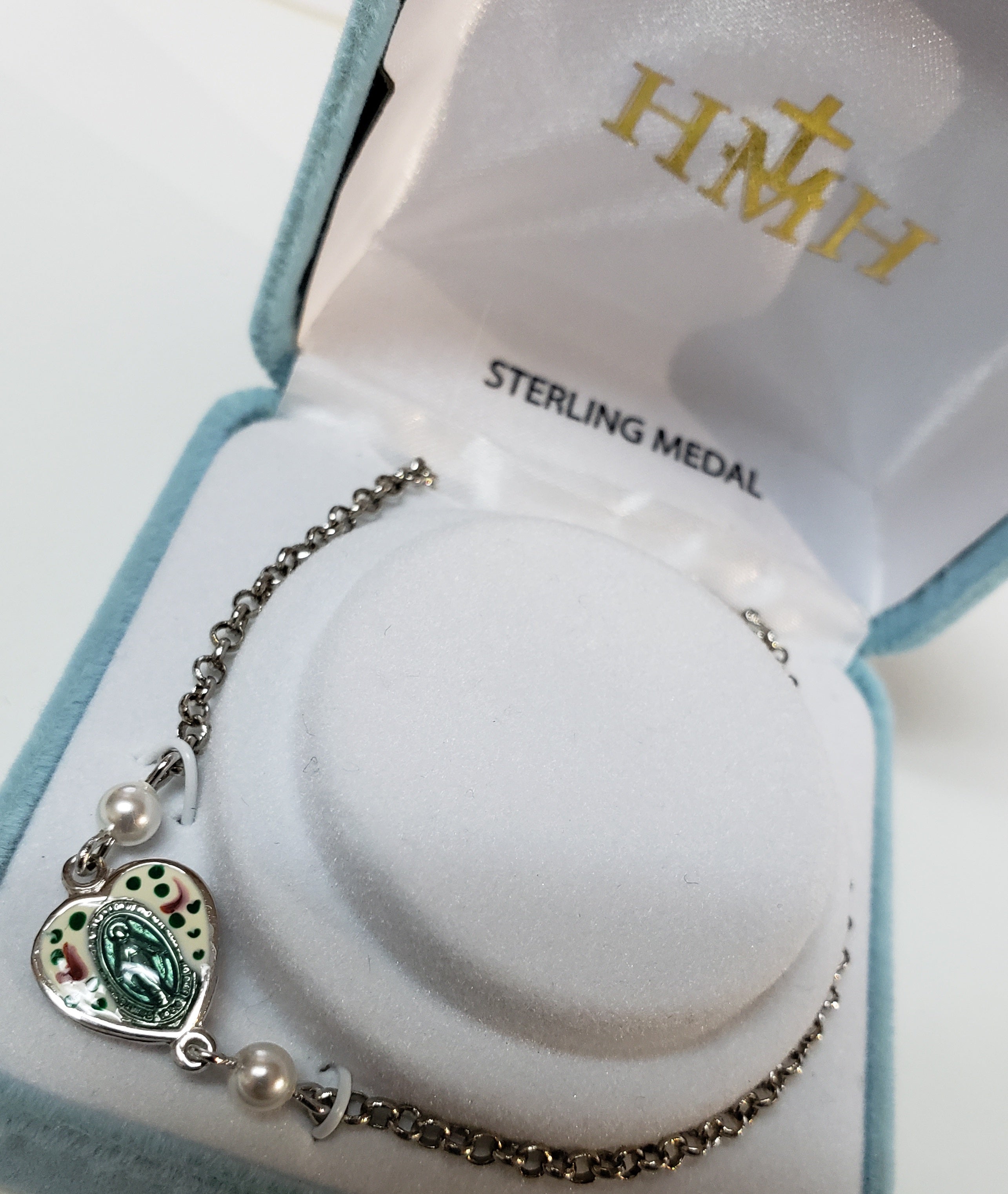 Miraculous Sterling Silver Enameled Heart Medal & 4mm White pearl chain Bracelet