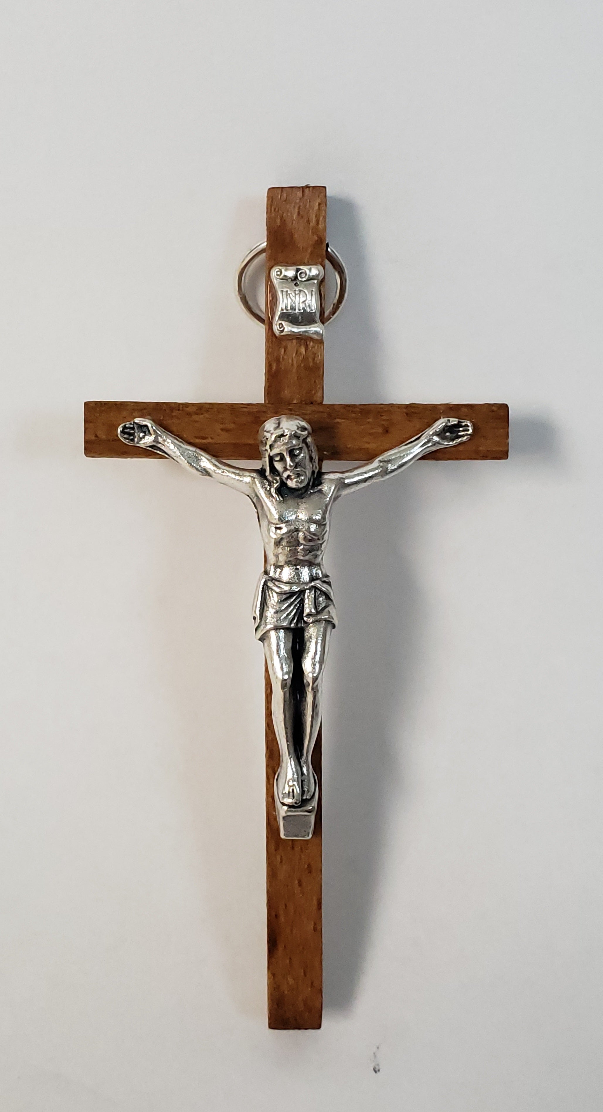 Wood Latin Cross Crucifix with Silver Christ Corpus