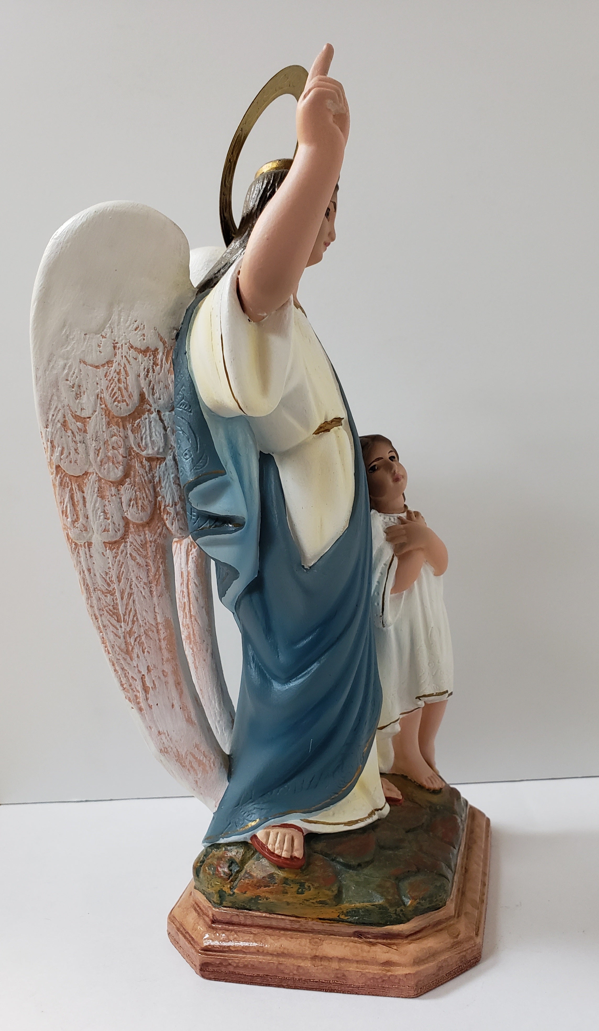 10" Antique Statue Guardian Angel with Child/ Spanish Religious Art/ Glass Eyes