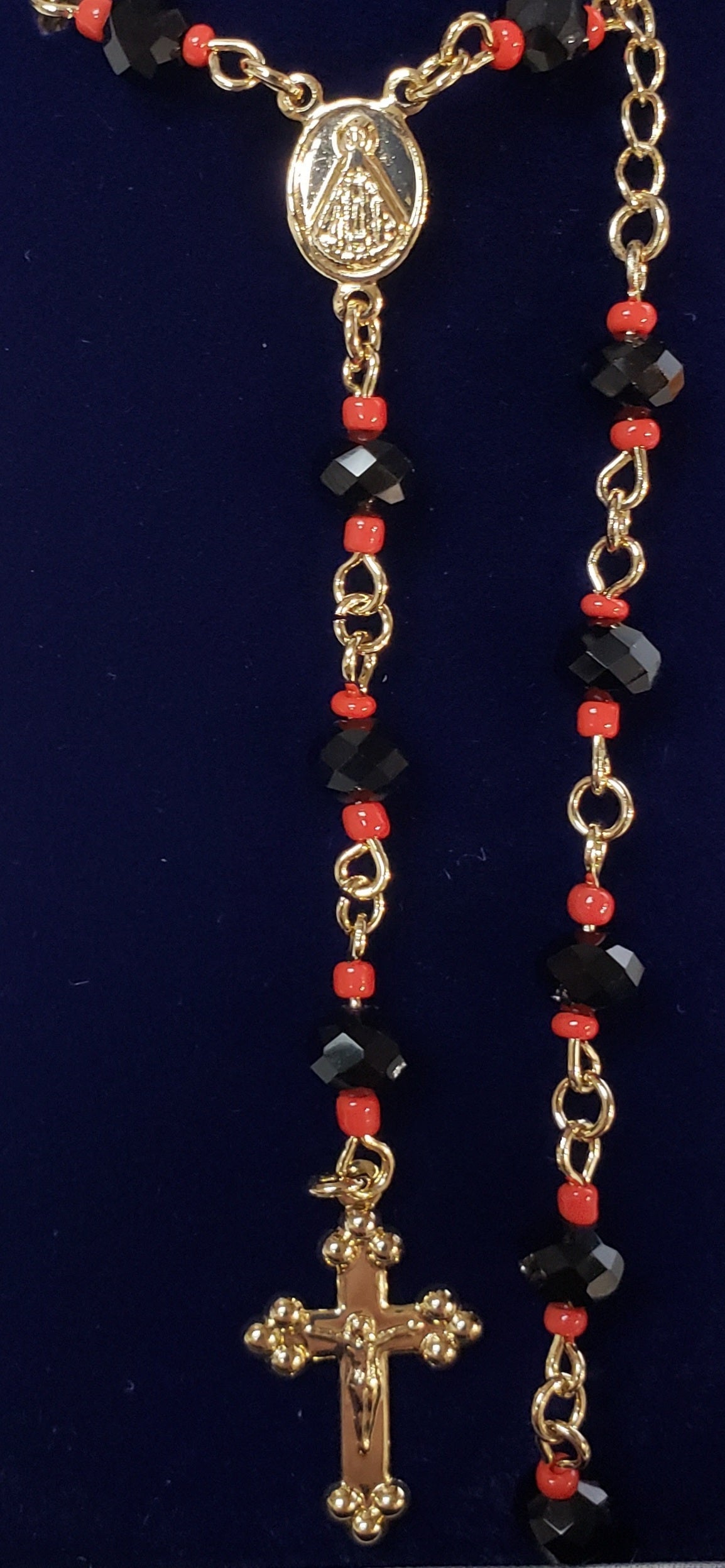 Black and Small Red Beads Rosary necklace with Virgin Mary medal