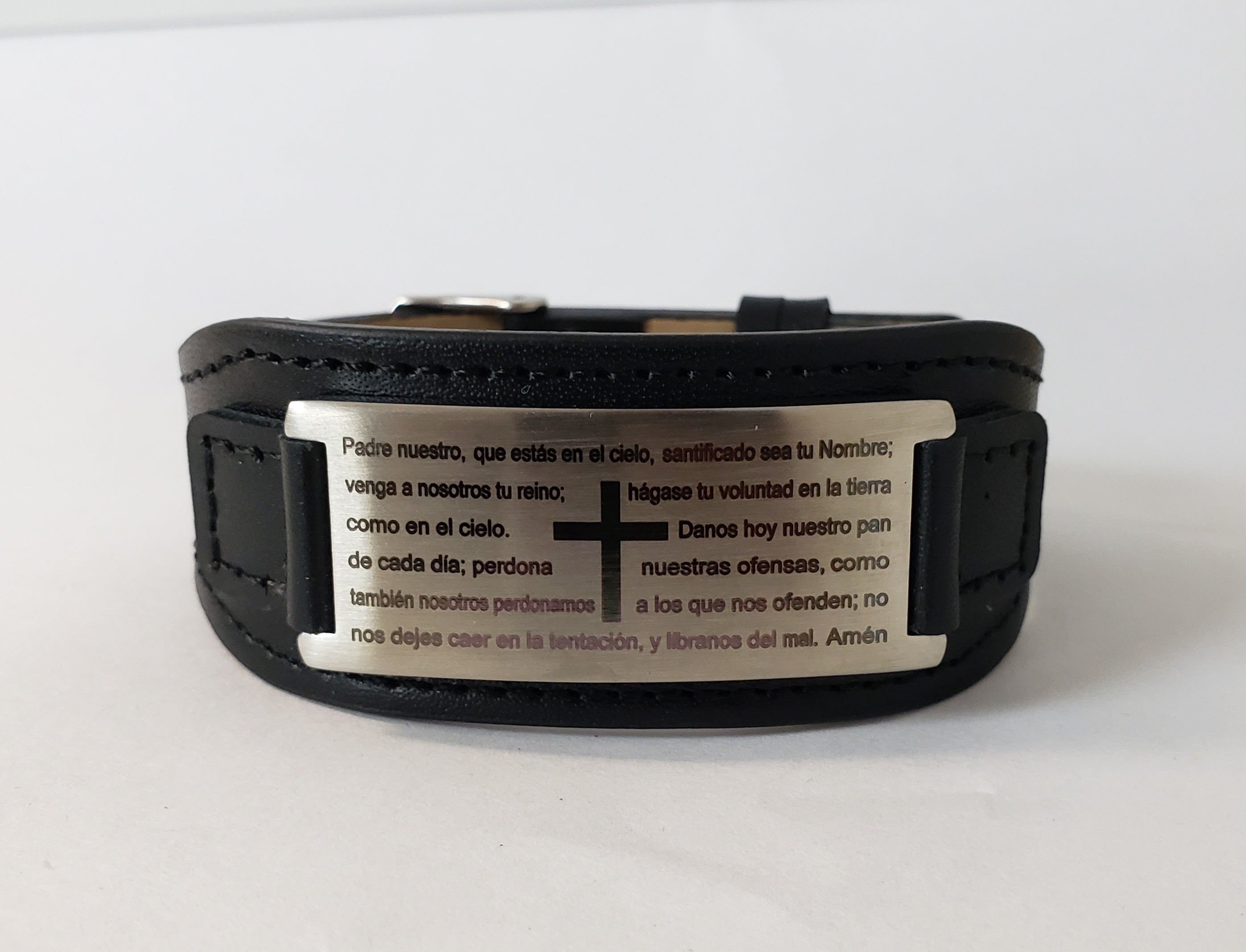 Men's Leather-Stainless Steel Bracelet  Our Father Lord's Prayer (Prayer in Spanish)