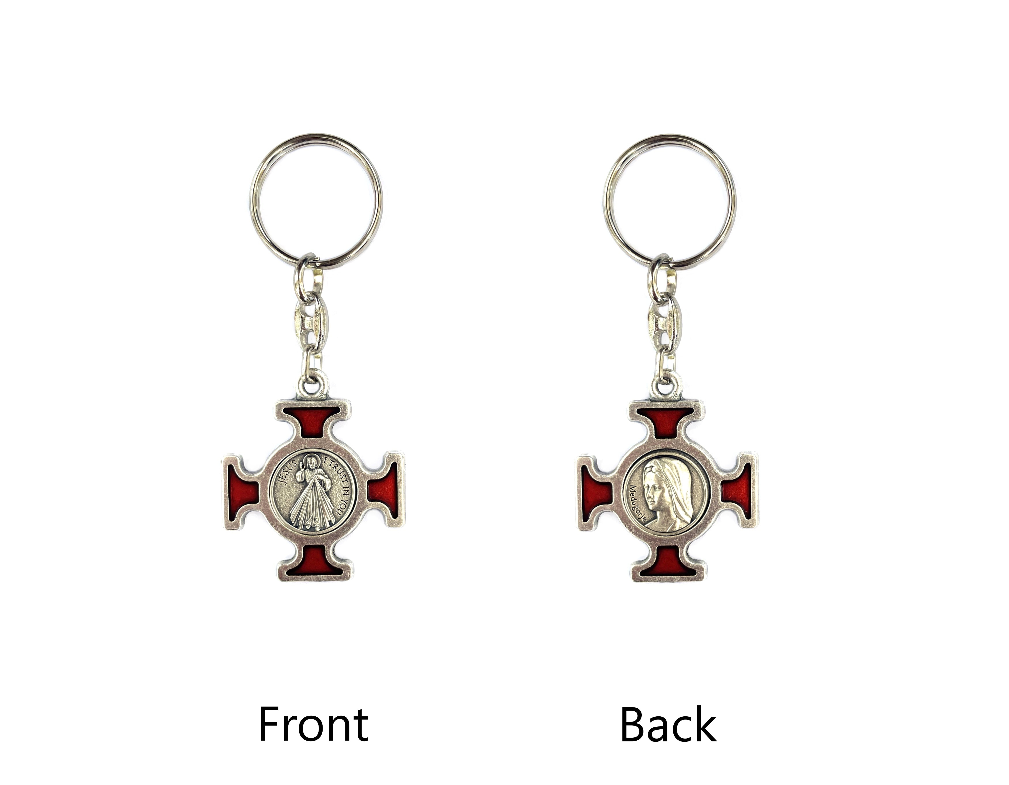 Divine Mercy and Medjugorje red enamel cross keychain