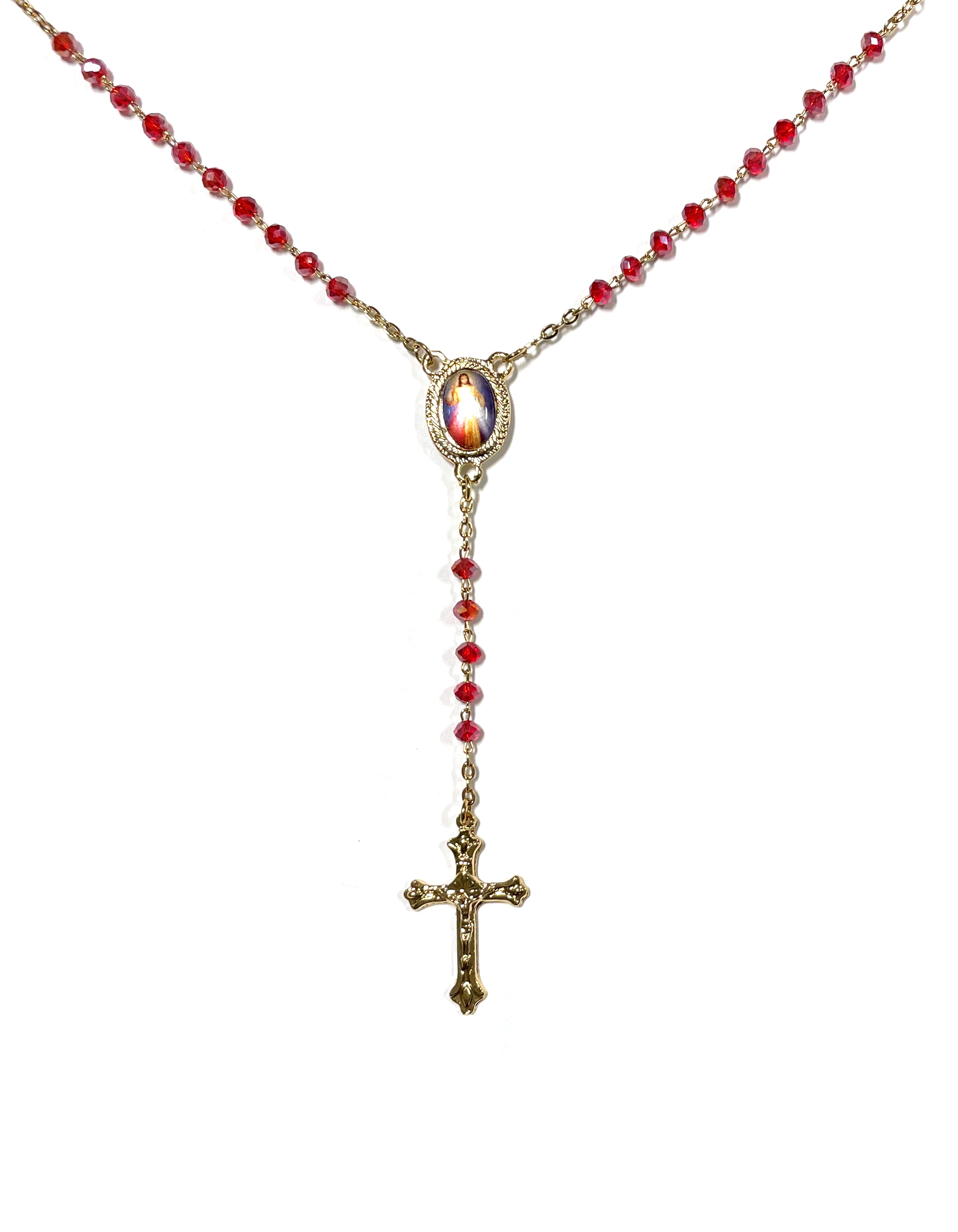 Rosary of Divine Mercy gold and red chain style
