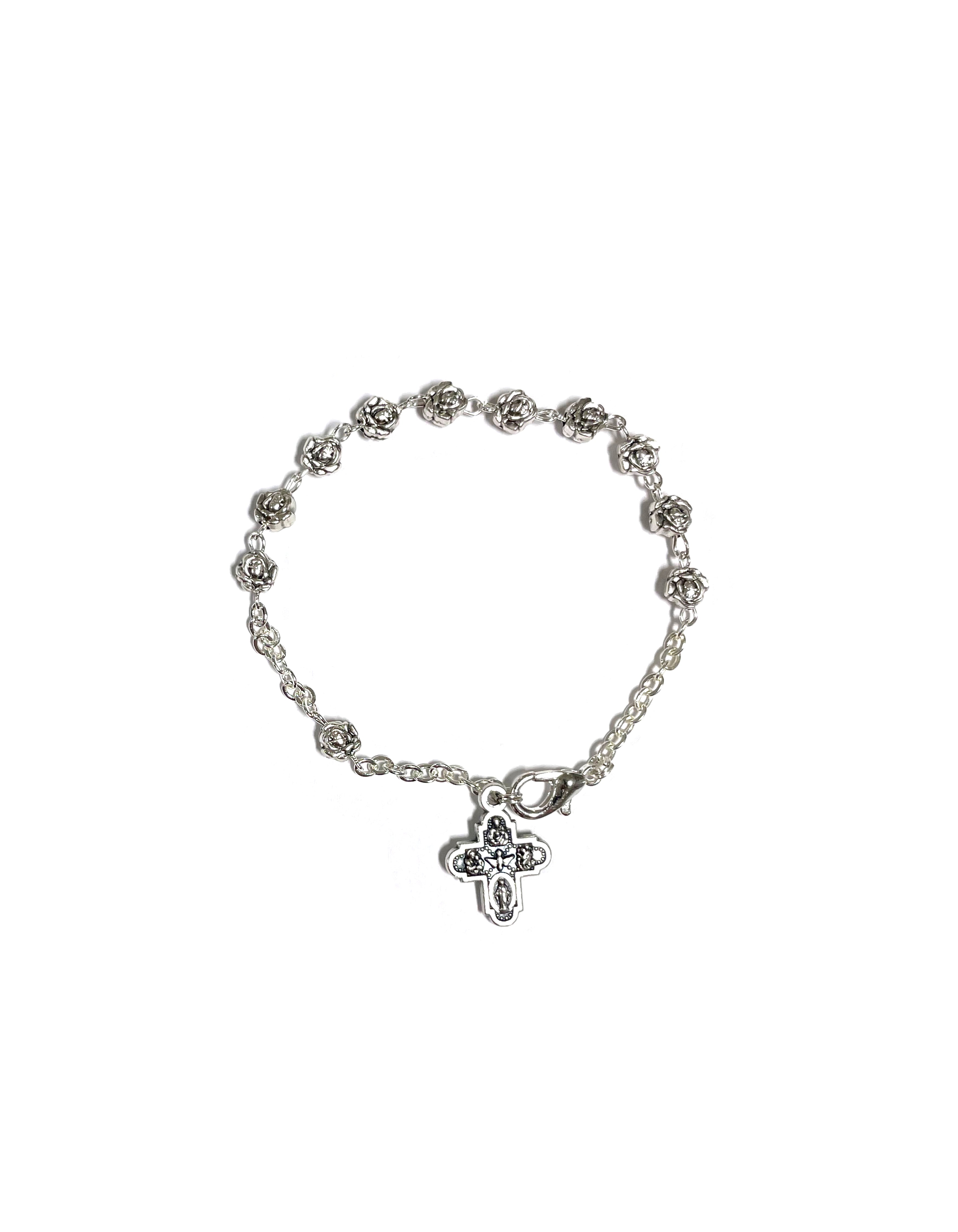 Oxidized silver decade bracelet with small five way cross and rose-shaped beads
