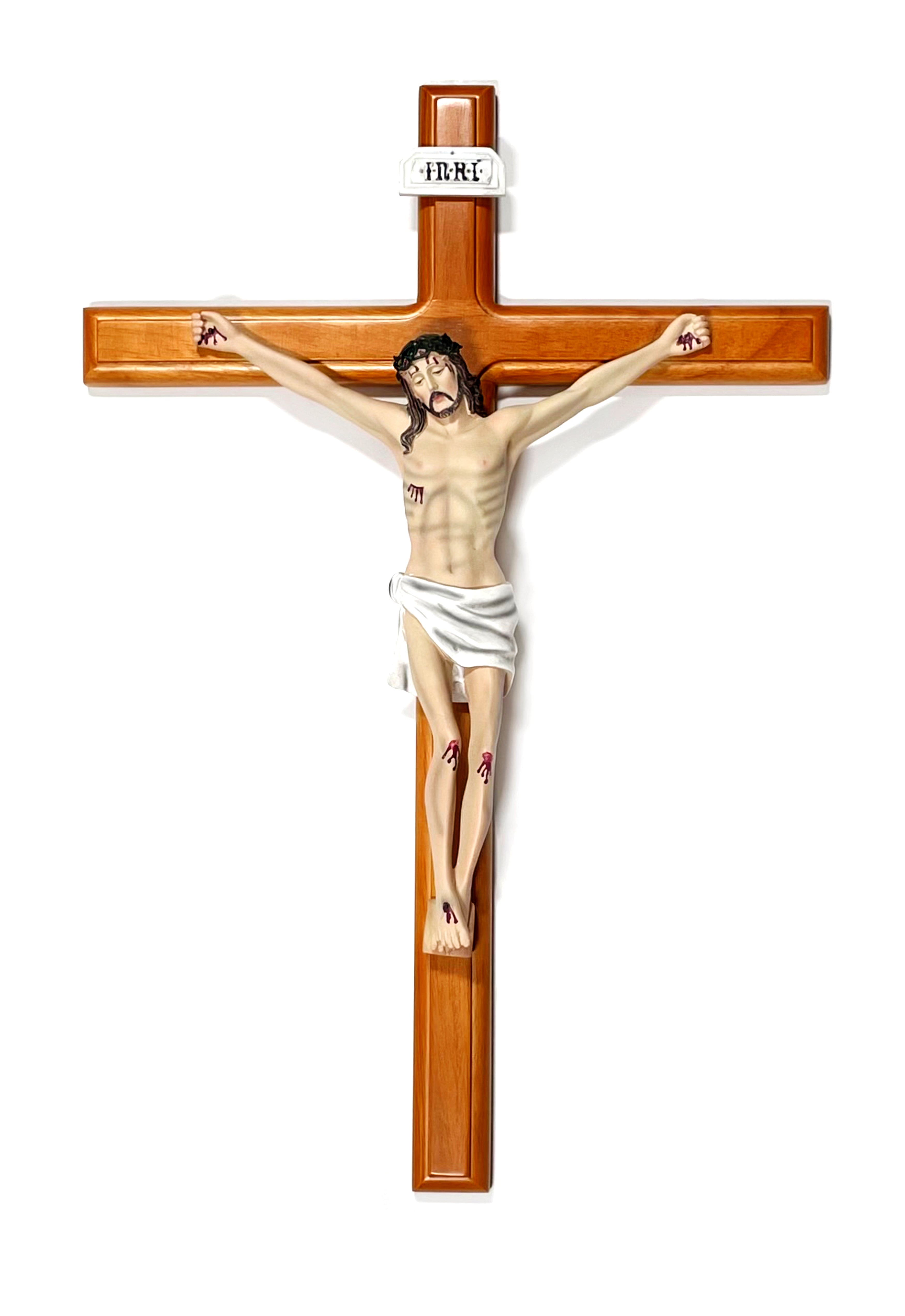 Wooden crucifix with body made of resin