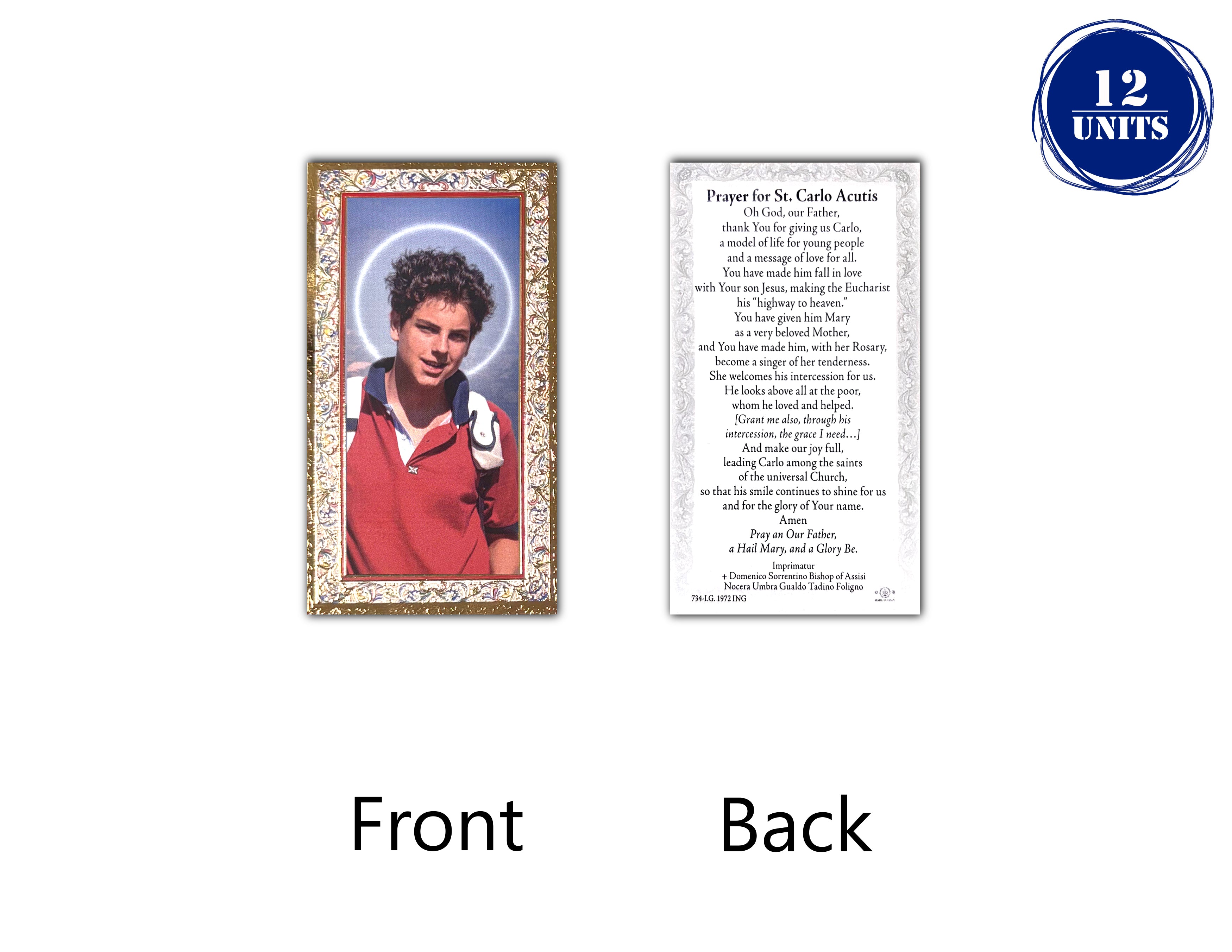 Gold accent Catholic prayer cards in Spanish and English