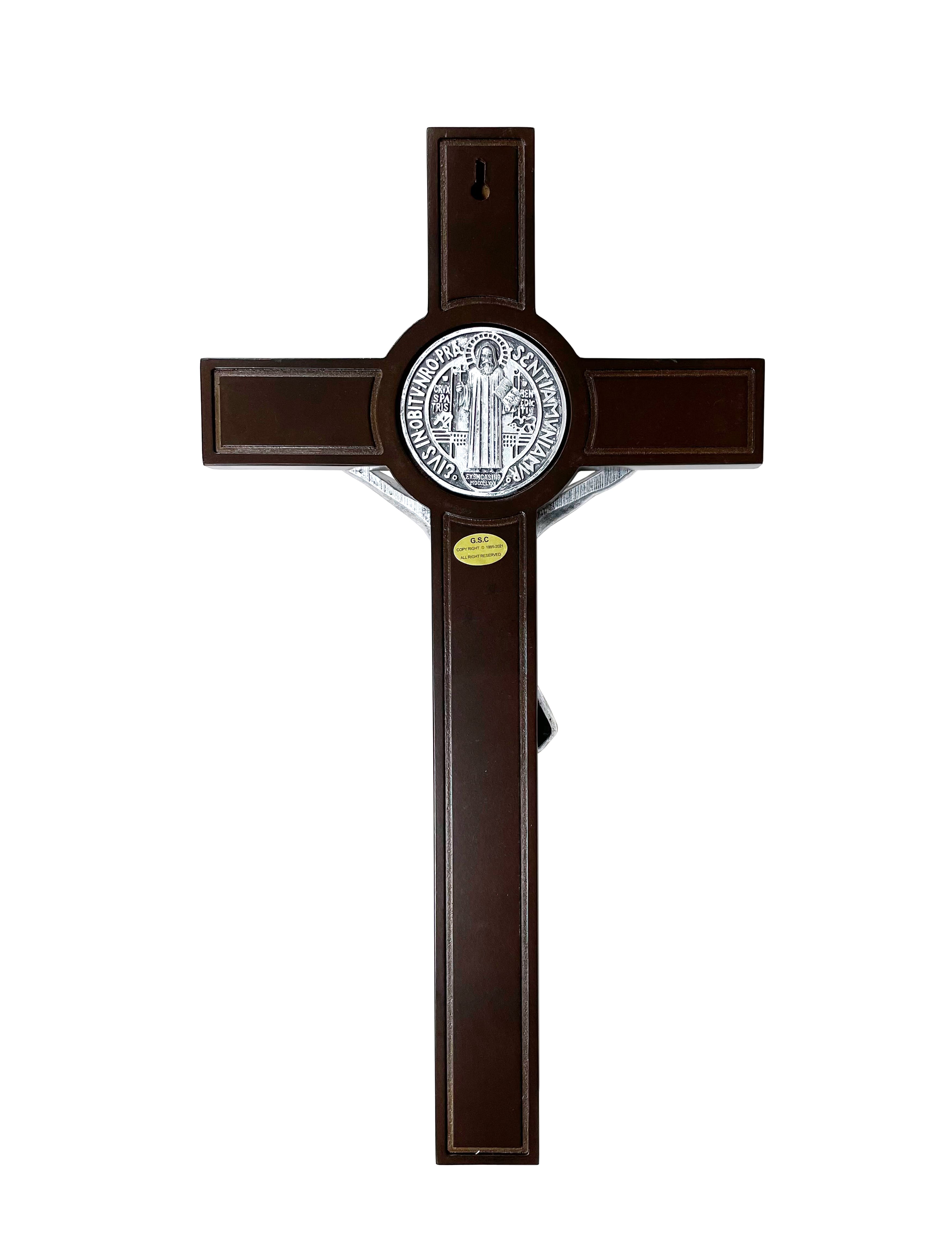 Wooden crucifix with accent silver corpus and Saint Benedict medal