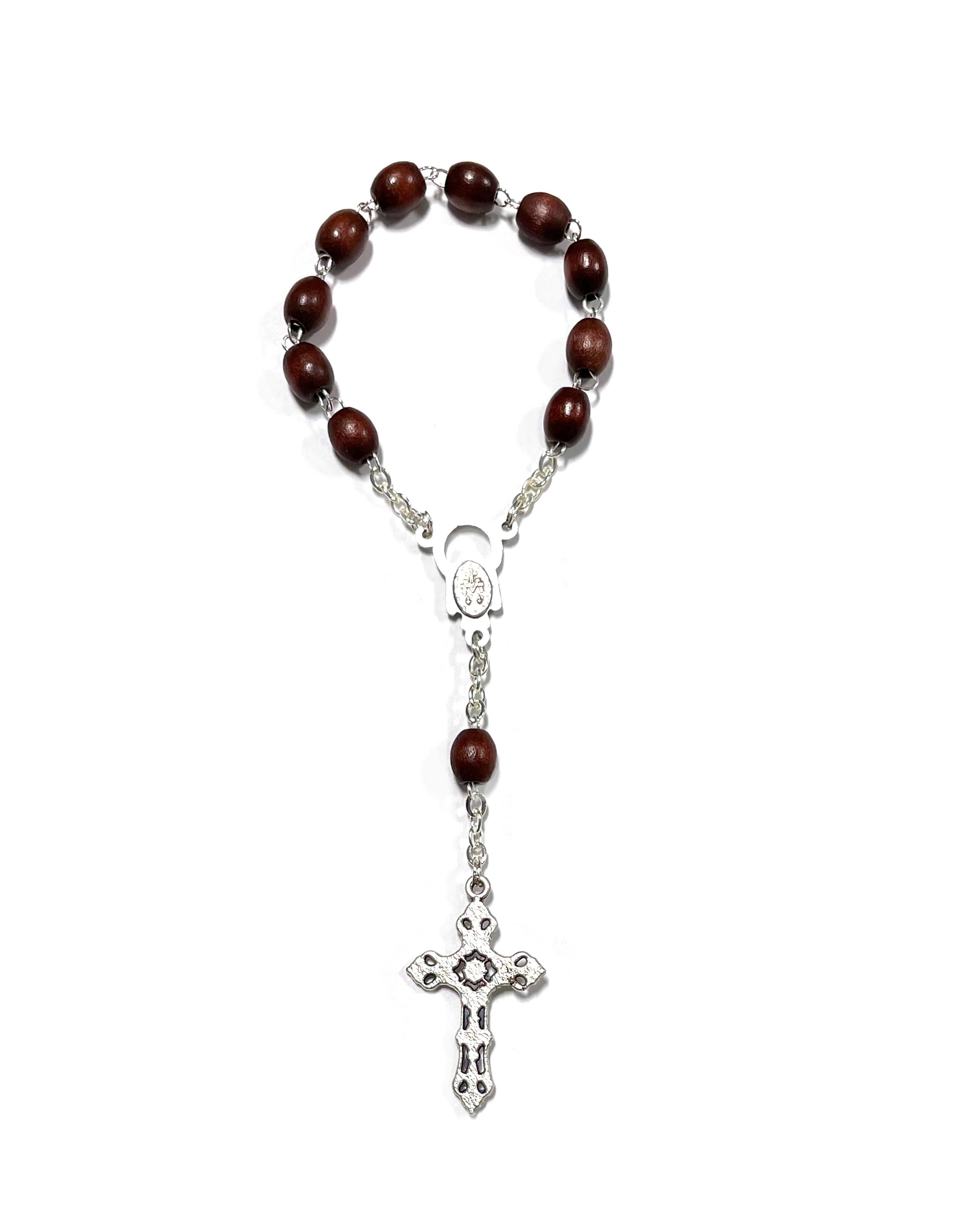 Brown wood and oxidized silver decade Miraculous medal